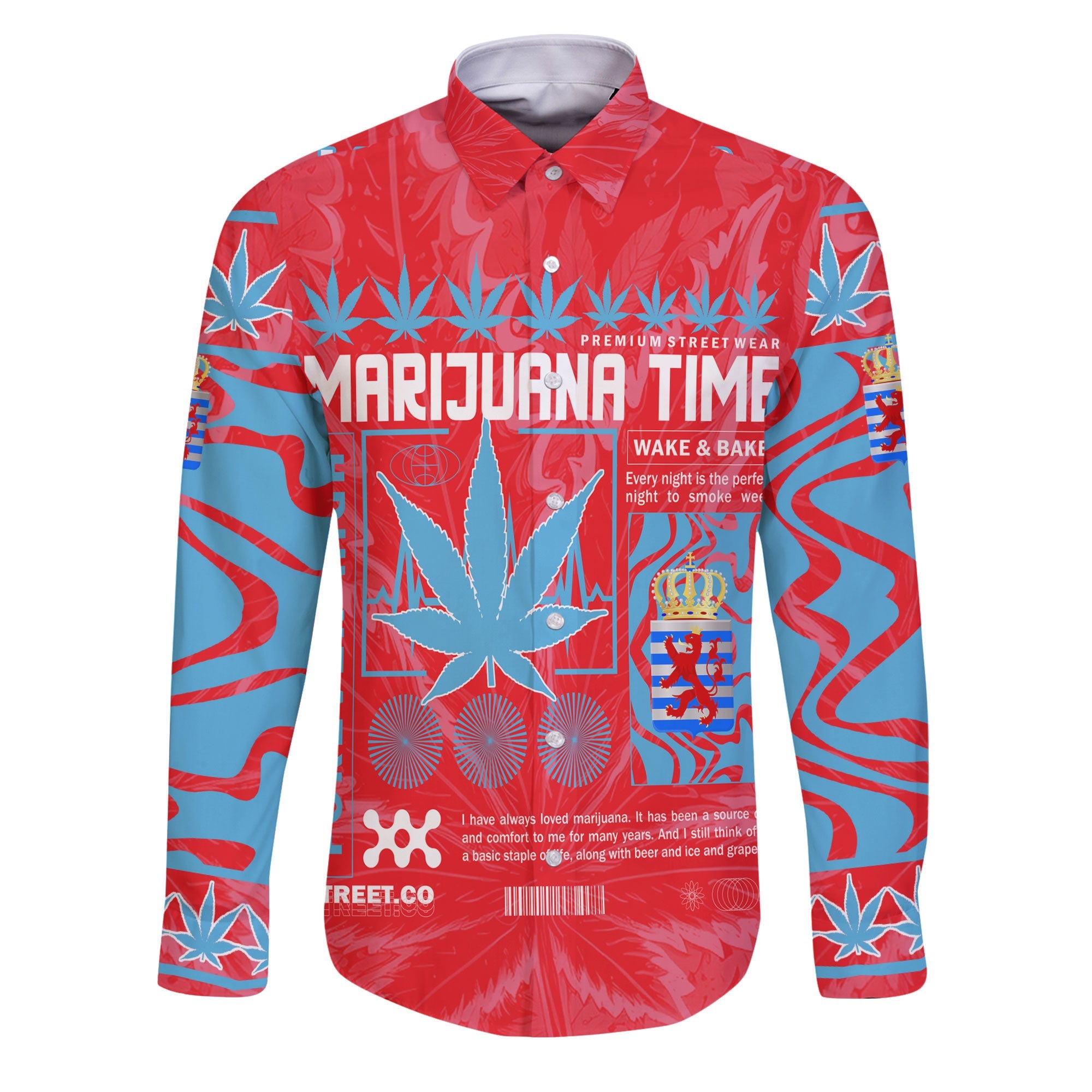 Luxembourg Long Sleeve Button Shirt Flag & Coat Of Arms Of The Province Marijuanas Style