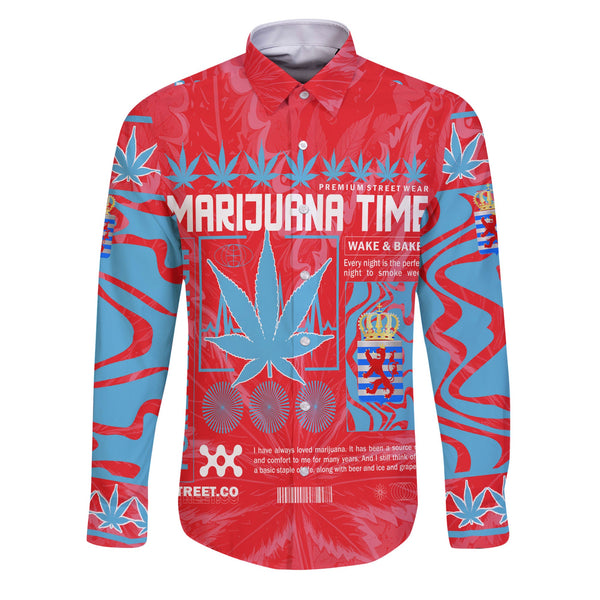 Luxembourg Long Sleeve Button Shirt Flag & Coat Of Arms Of The Province Marijuanas Style