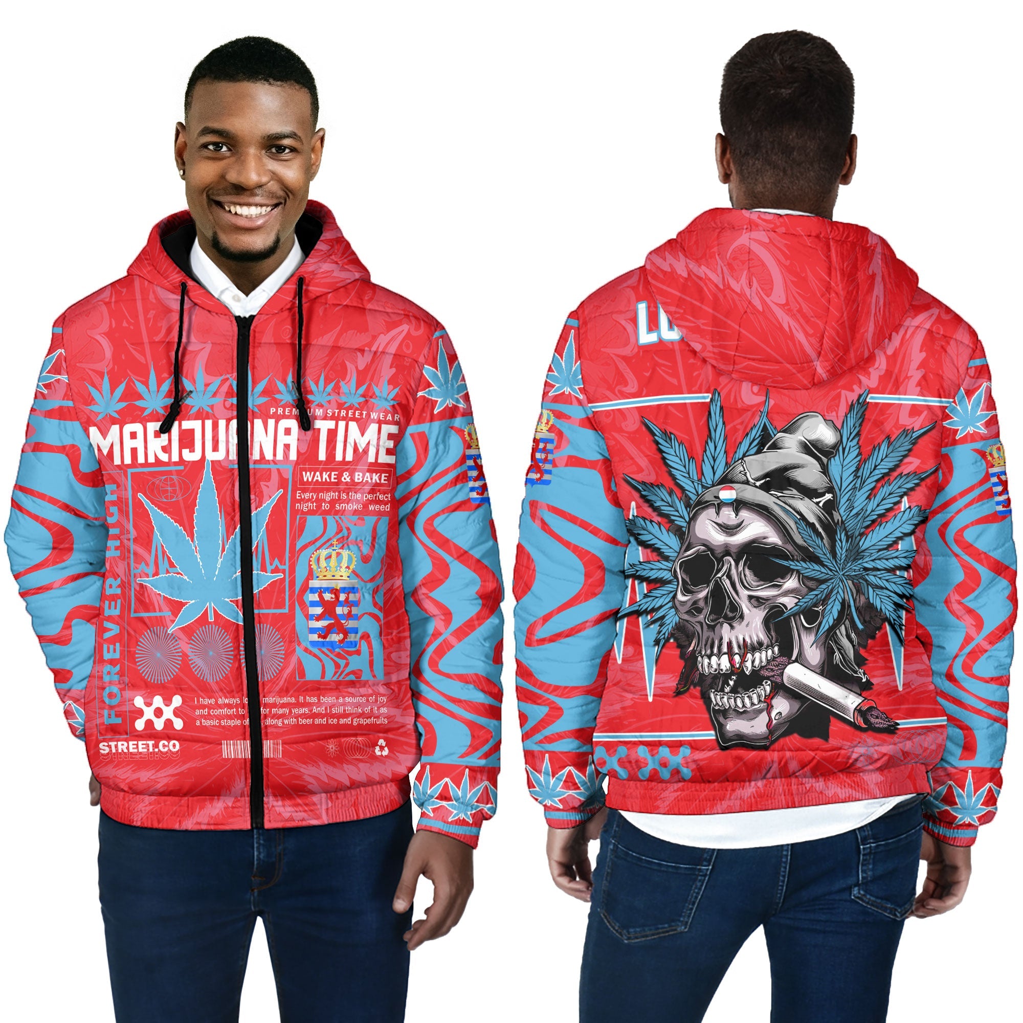 Luxembourg Men Hooded Padded Jacket Flag & Coat Of Arms Of The Province Marijuanas Style