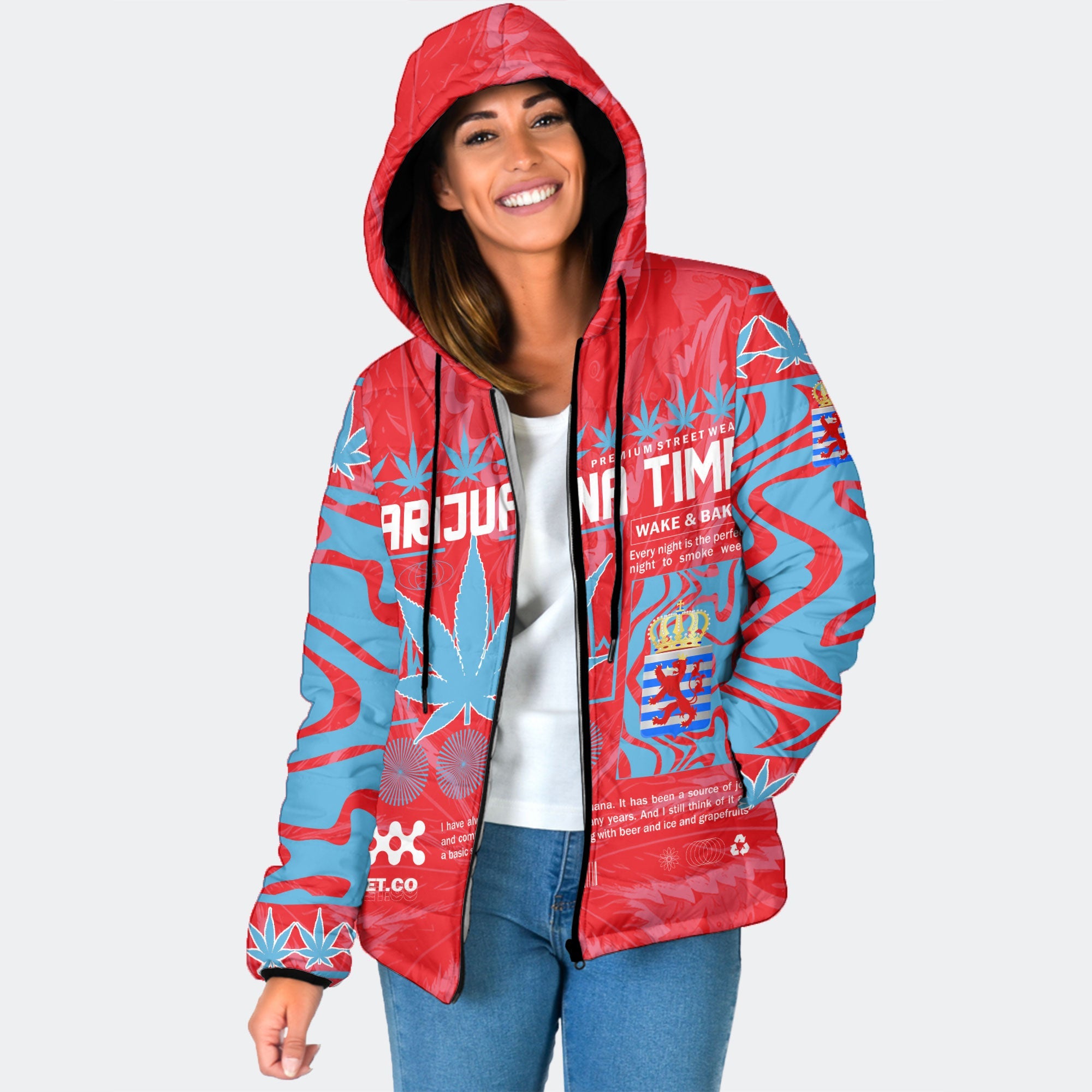 Luxembourg Women Hooded Padded Jacket Flag & Coat Of Arms Of The Province Marijuanas Style