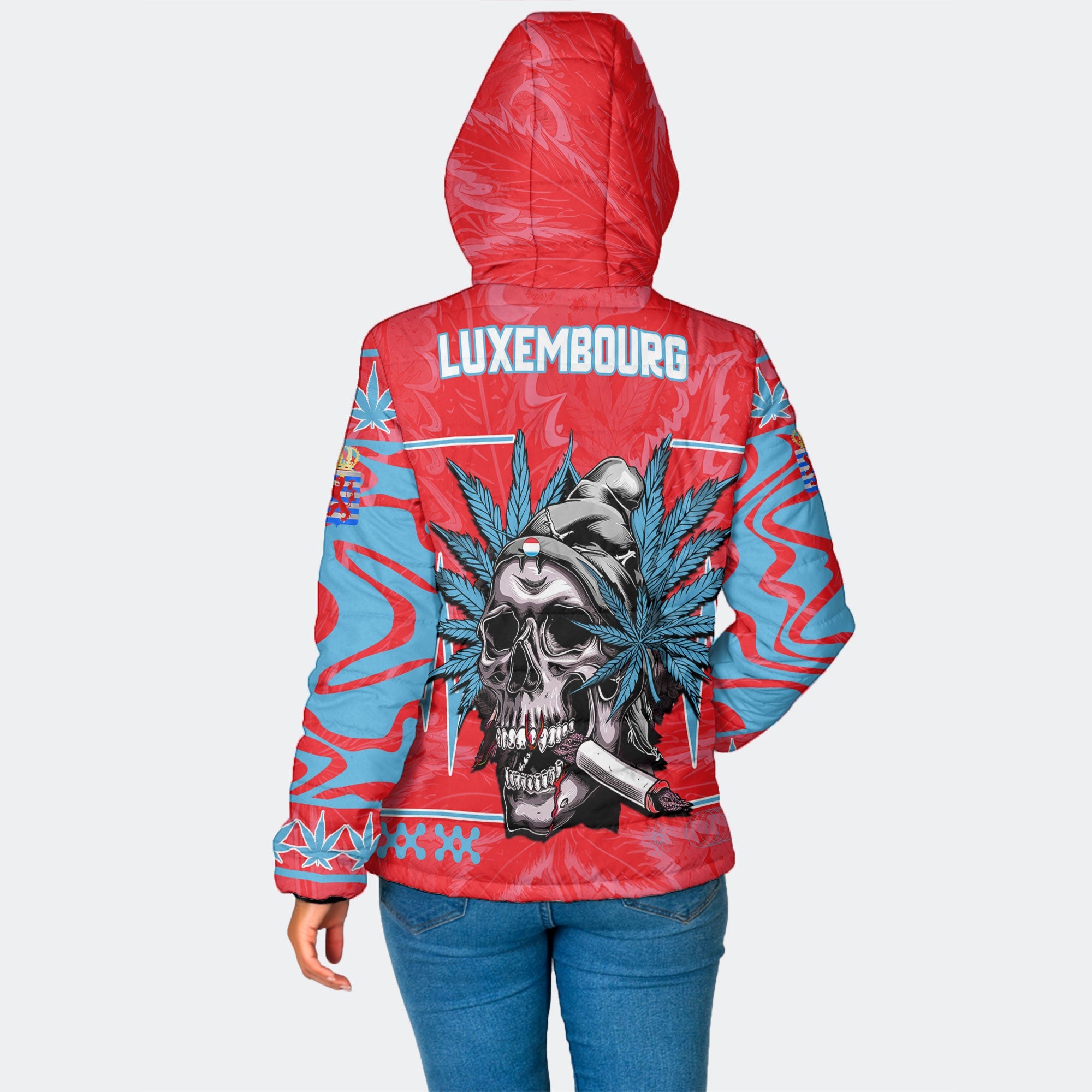 Luxembourg Women Hooded Padded Jacket Flag & Coat Of Arms Of The Province Marijuanas Style