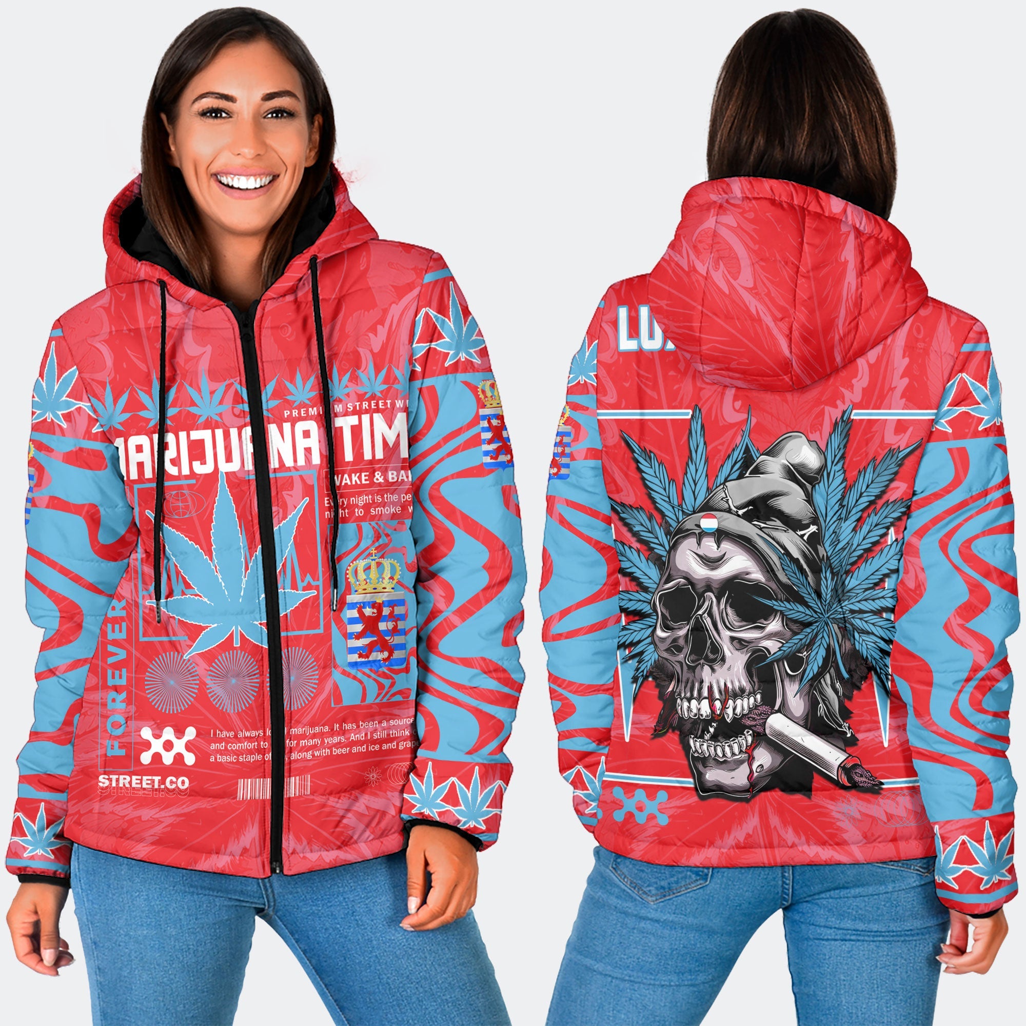 Luxembourg Women Hooded Padded Jacket Flag & Coat Of Arms Of The Province Marijuanas Style