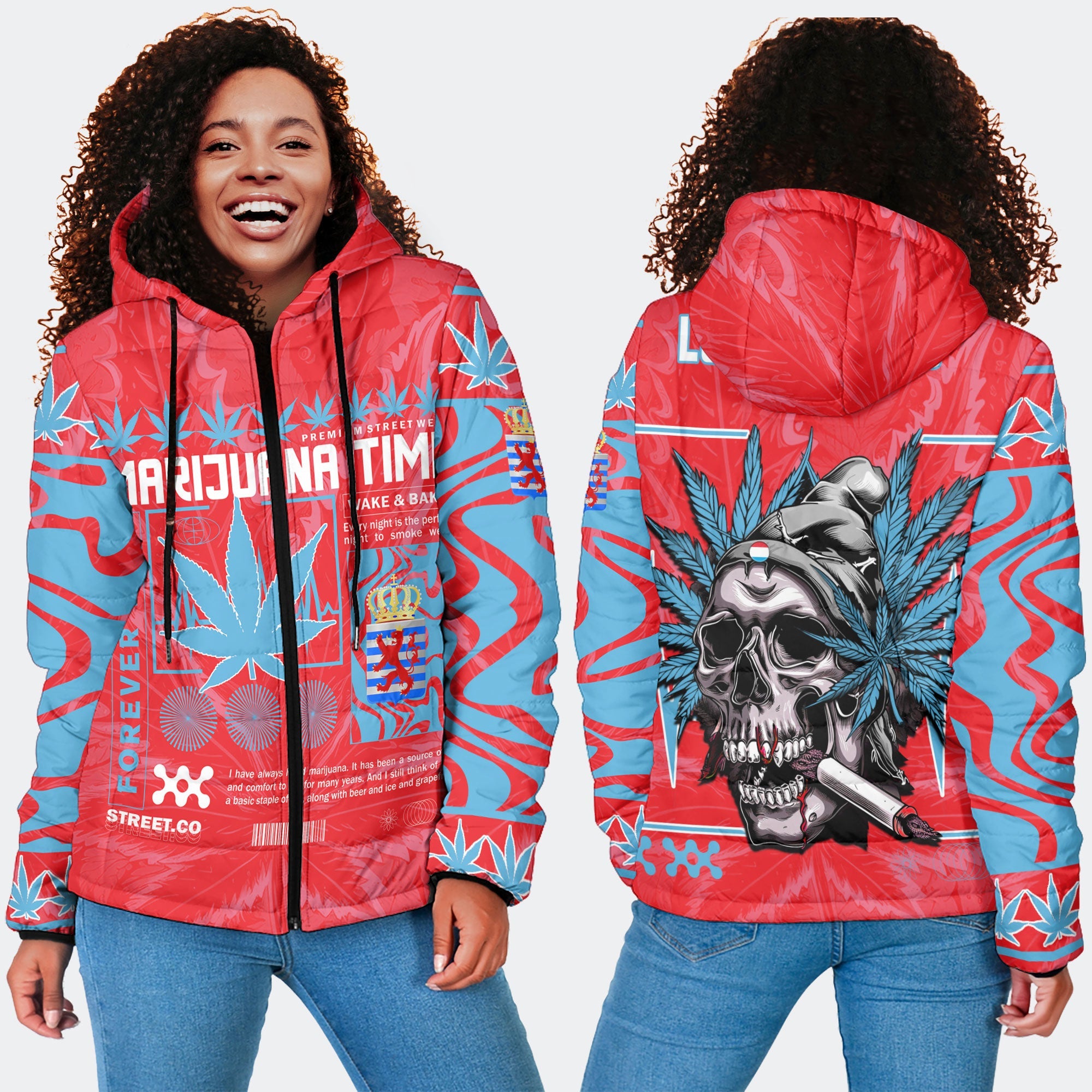 Luxembourg Women Hooded Padded Jacket Flag & Coat Of Arms Of The Province Marijuanas Style