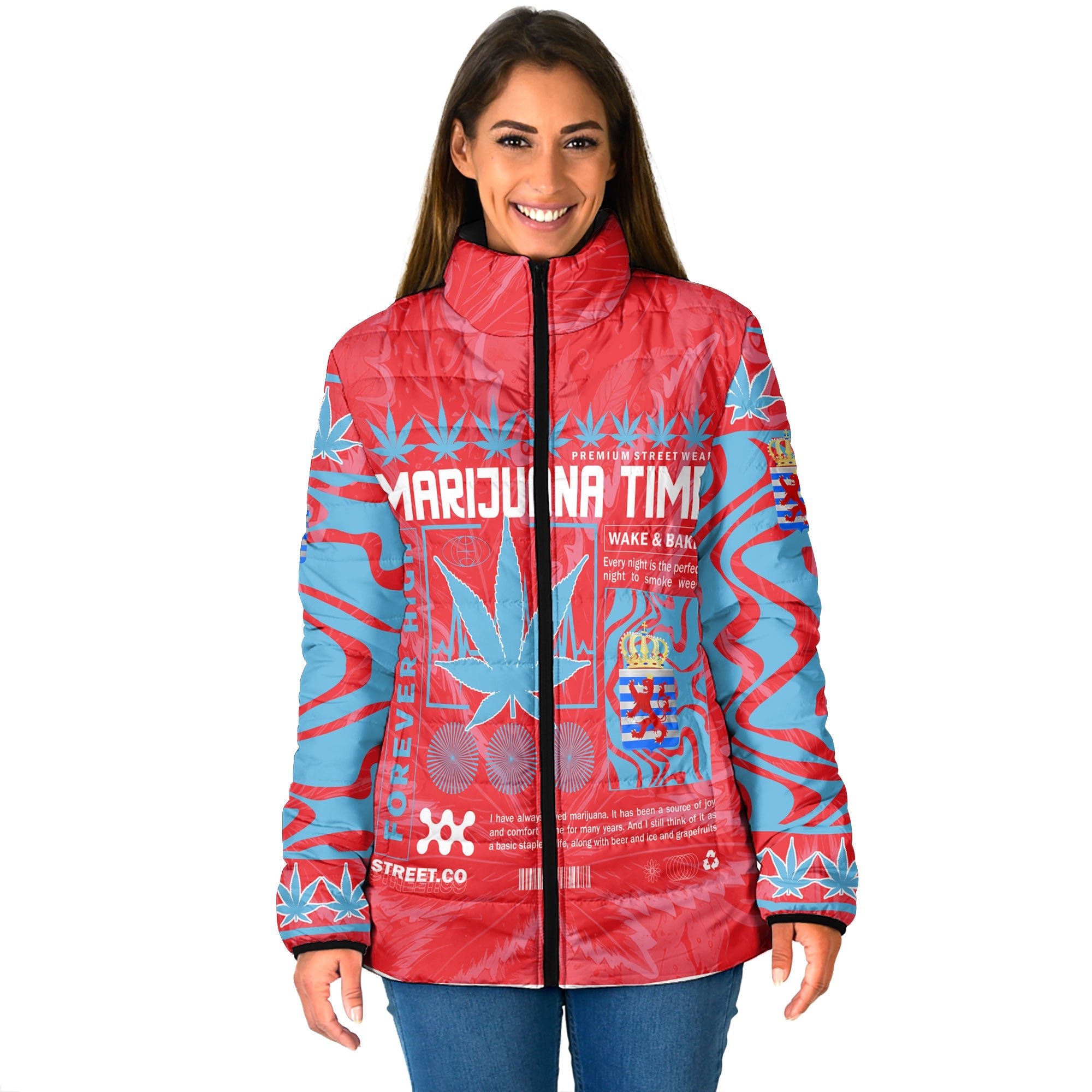 Luxembourg Women Padded Jacket Flag & Coat Of Arms Of The Province Marijuanas Style