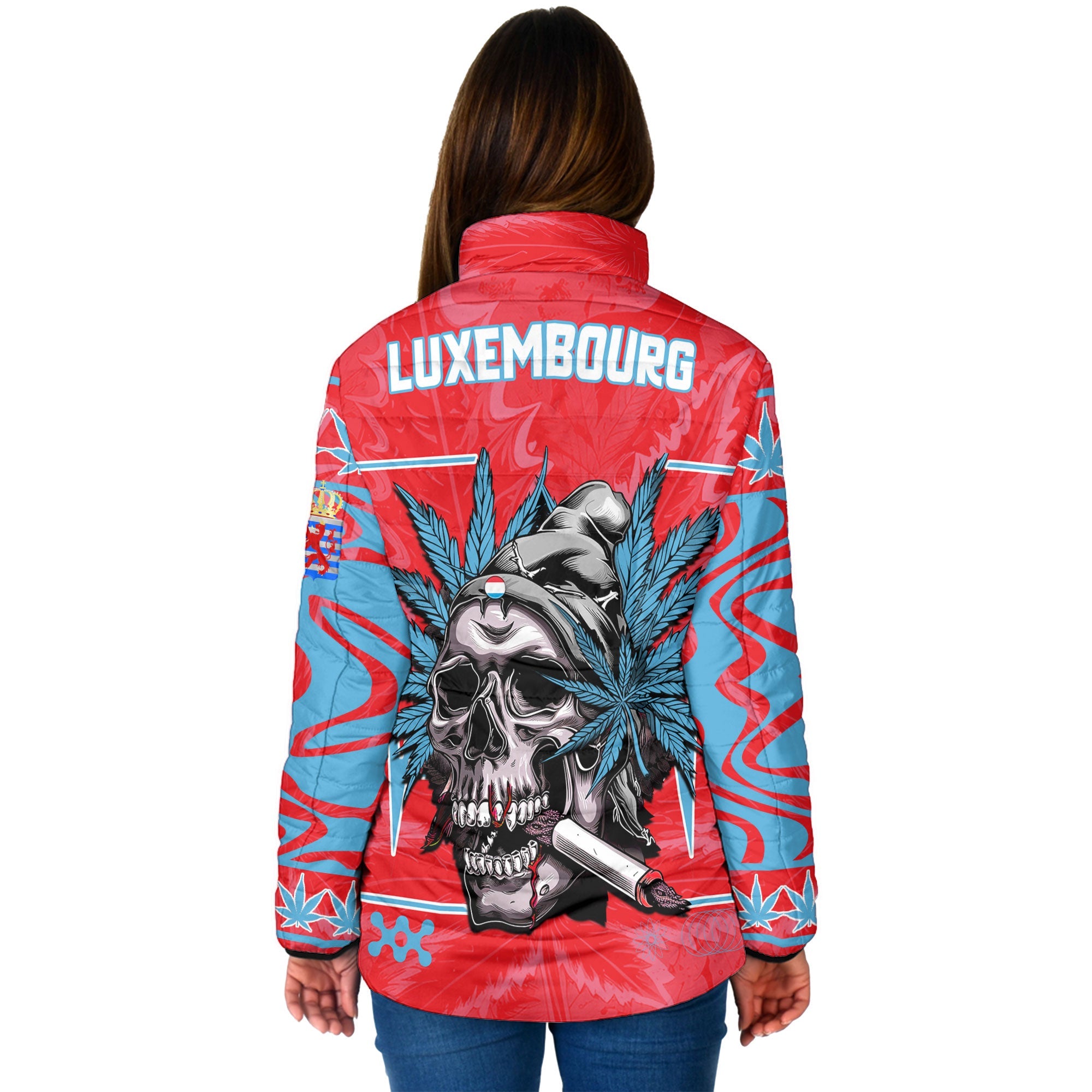 Luxembourg Women Padded Jacket Flag & Coat Of Arms Of The Province Marijuanas Style