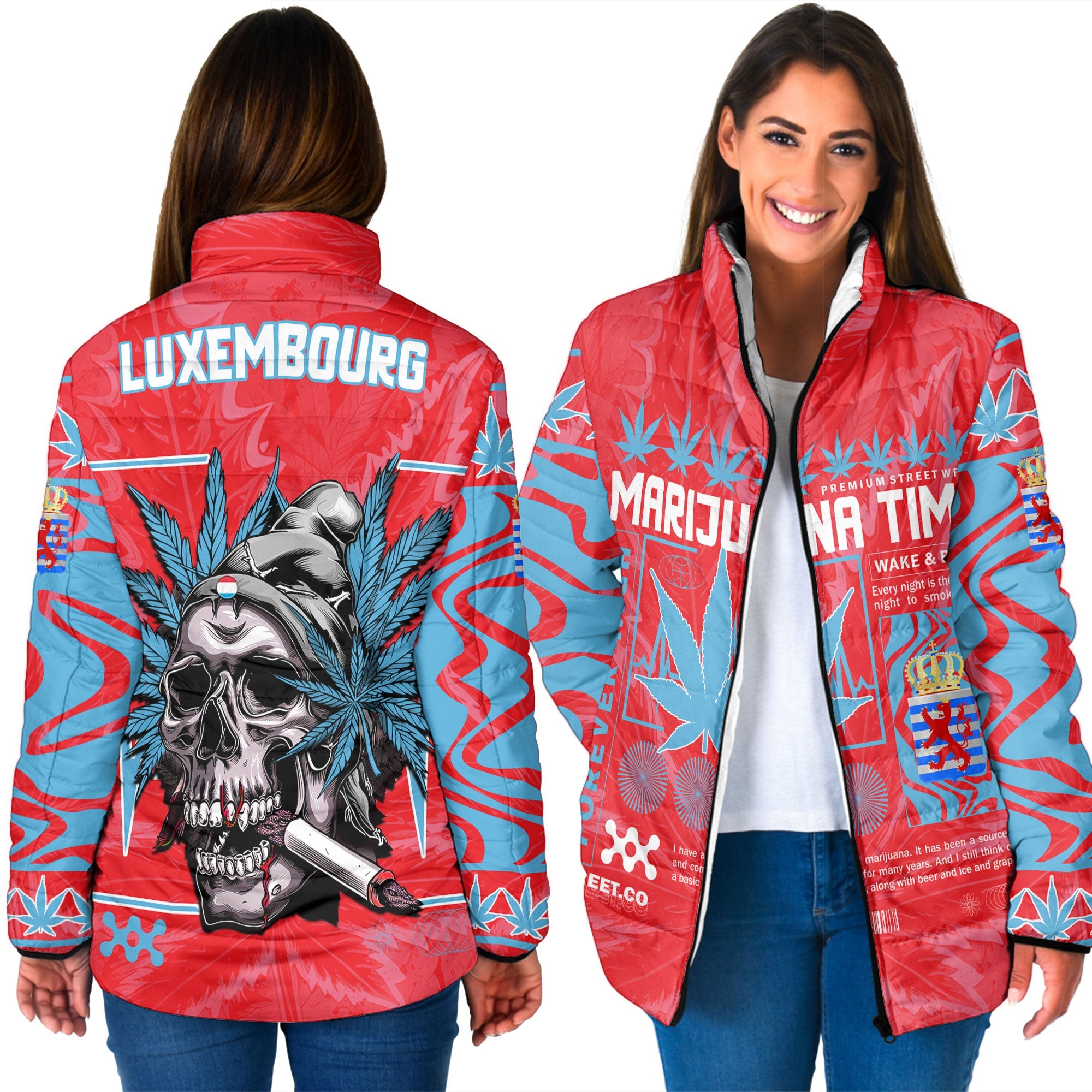 Luxembourg Women Padded Jacket Flag & Coat Of Arms Of The Province Marijuanas Style