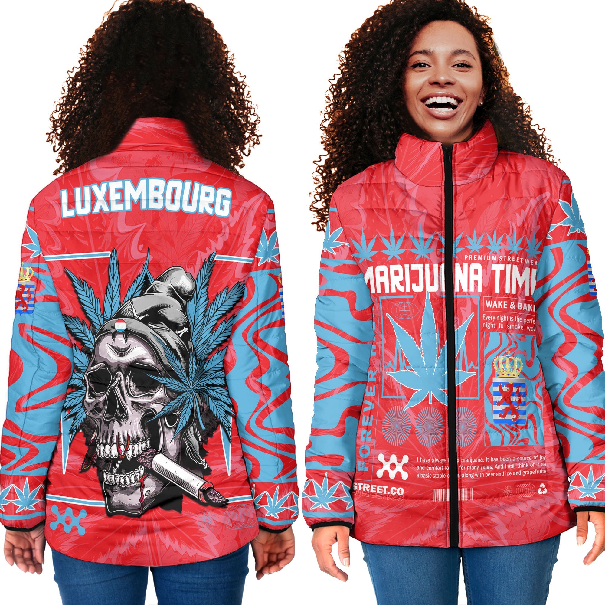 Luxembourg Women Padded Jacket Flag & Coat Of Arms Of The Province Marijuanas Style