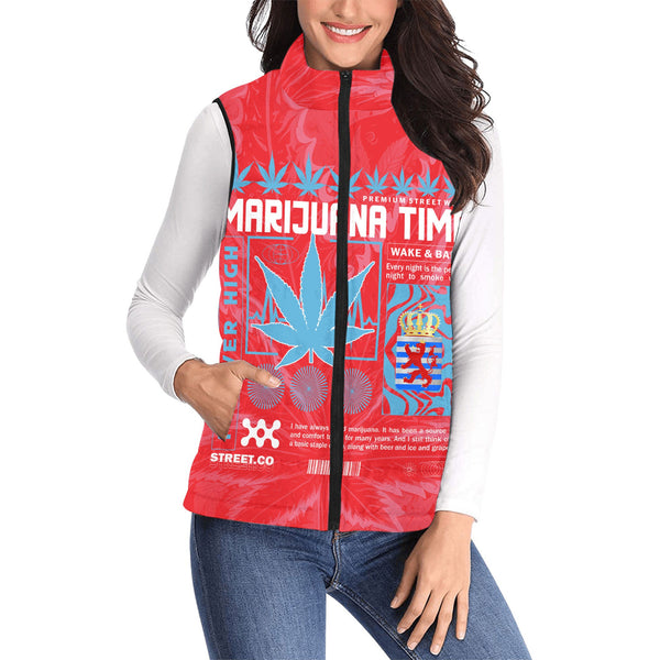 Luxembourg Women Padded Jacket Vest Flag & Coat Of Arms Of The Province Marijuanas Style