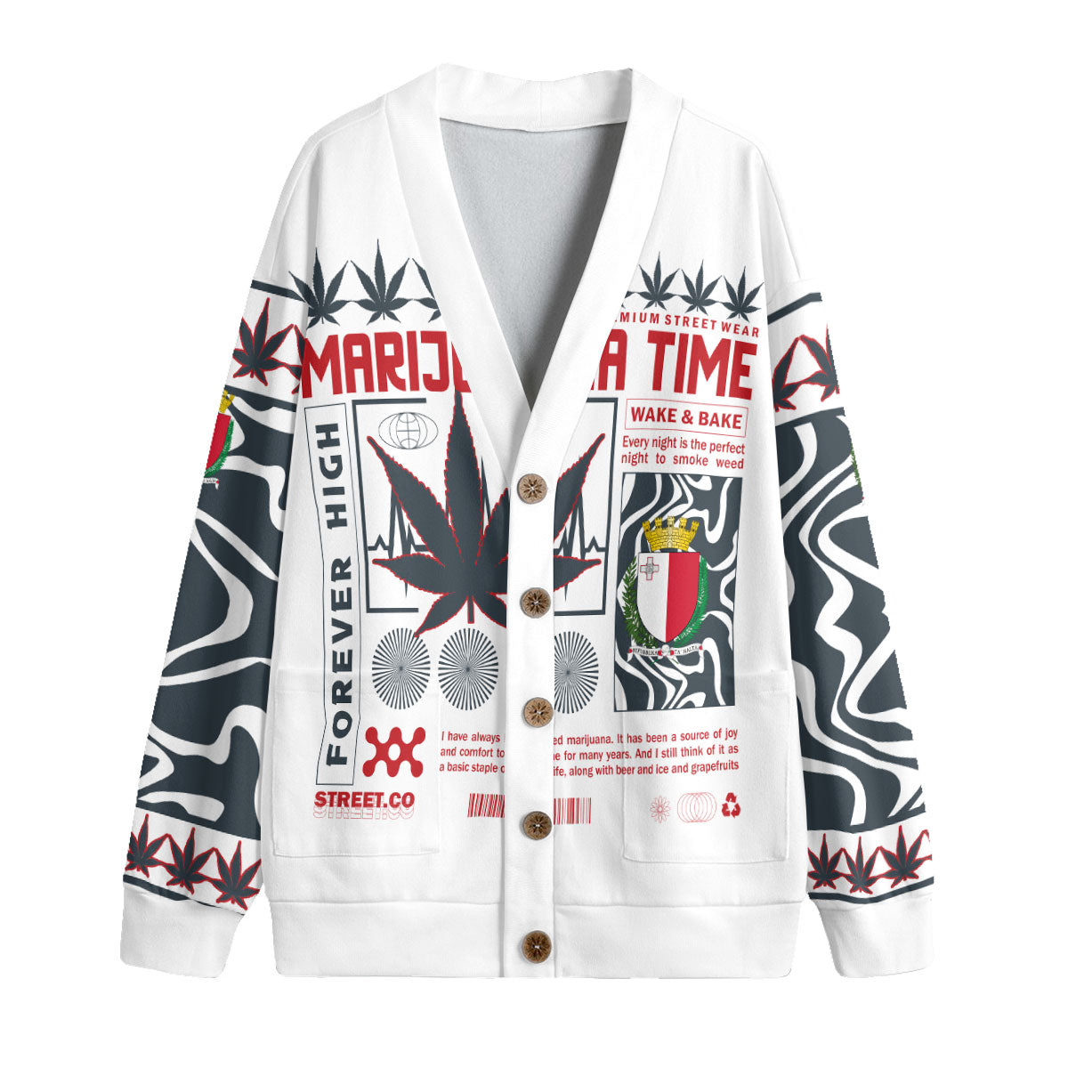 Malta Fleece Cardigan Flag & Coat Of Arms Marijuanas Style