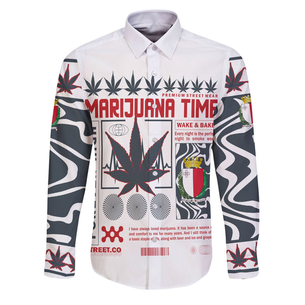 Malta Long Sleeve Button Shirt Flag & Coat Of Arms Marijuanas Style