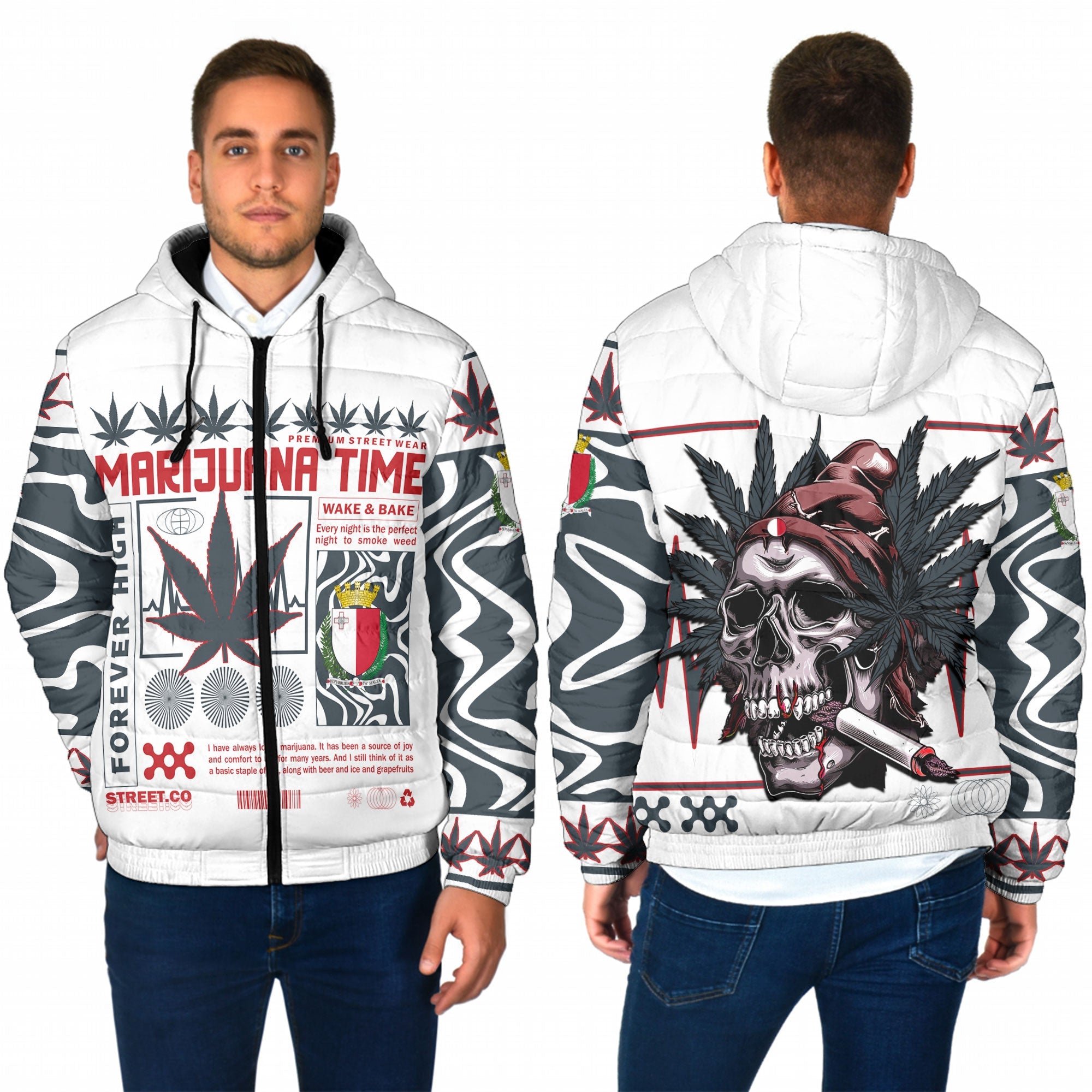 Malta Men Hooded Padded Jacket Flag & Coat Of Arms Marijuanas Style