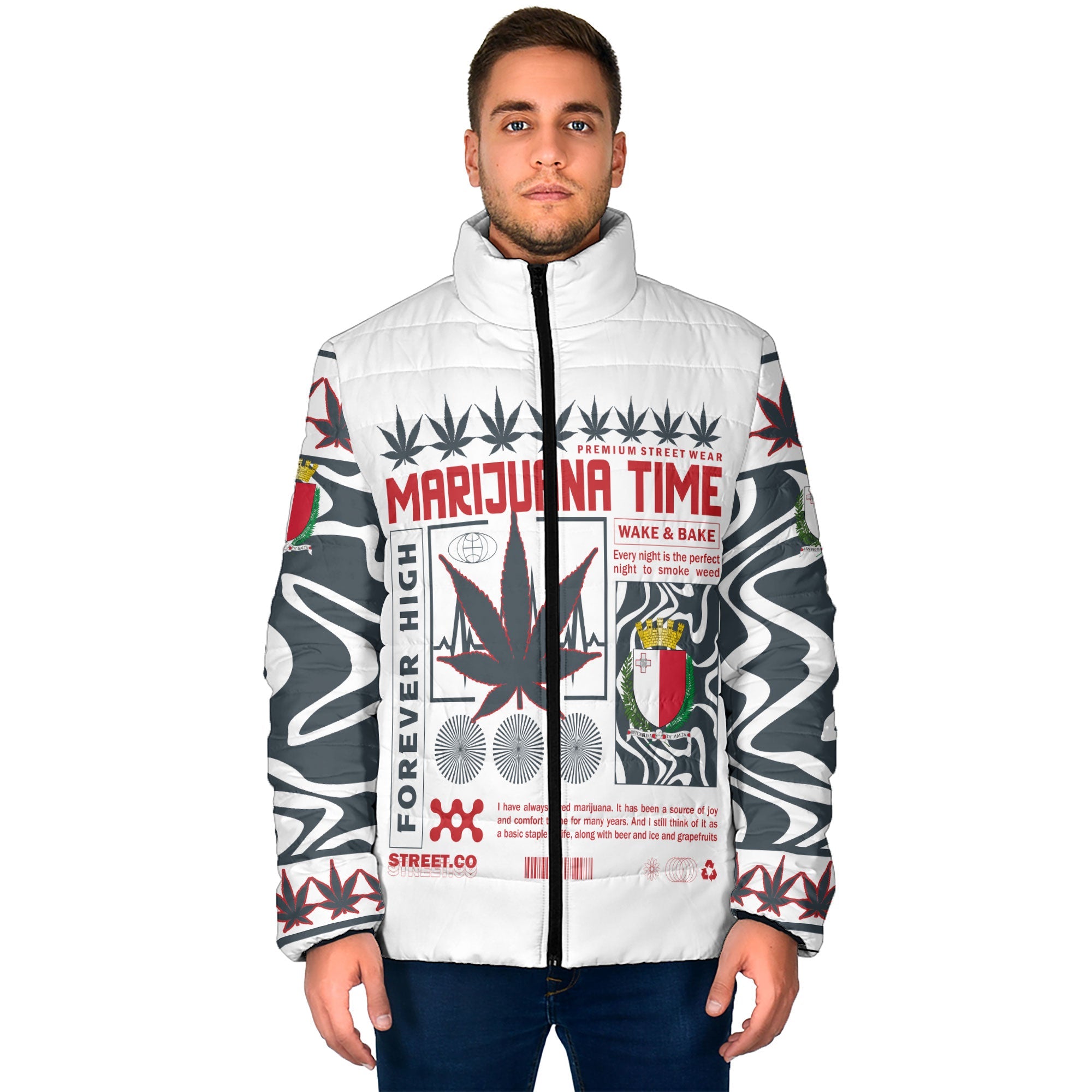 Malta Men Padded Jacket Flag & Coat Of Arms Marijuanas Style