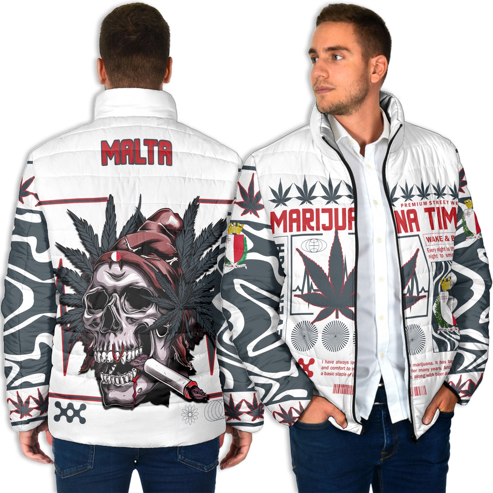 Malta Men Padded Jacket Flag & Coat Of Arms Marijuanas Style