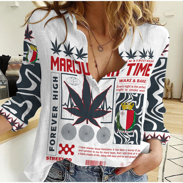 Malta Women Casual Shirt Flag & Coat Of Arms Marijuanas Style