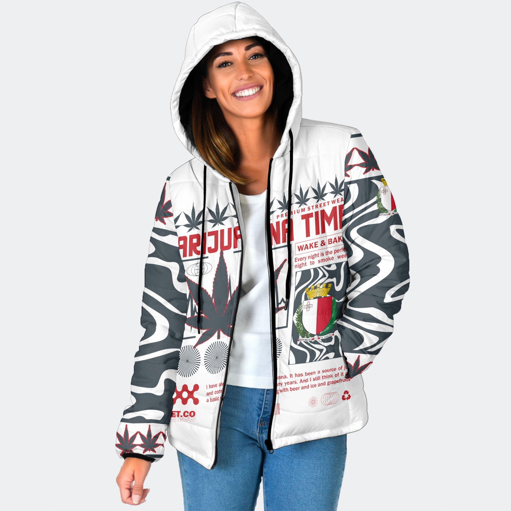 Malta Women Hooded Padded Jacket Flag & Coat Of Arms Marijuanas Style