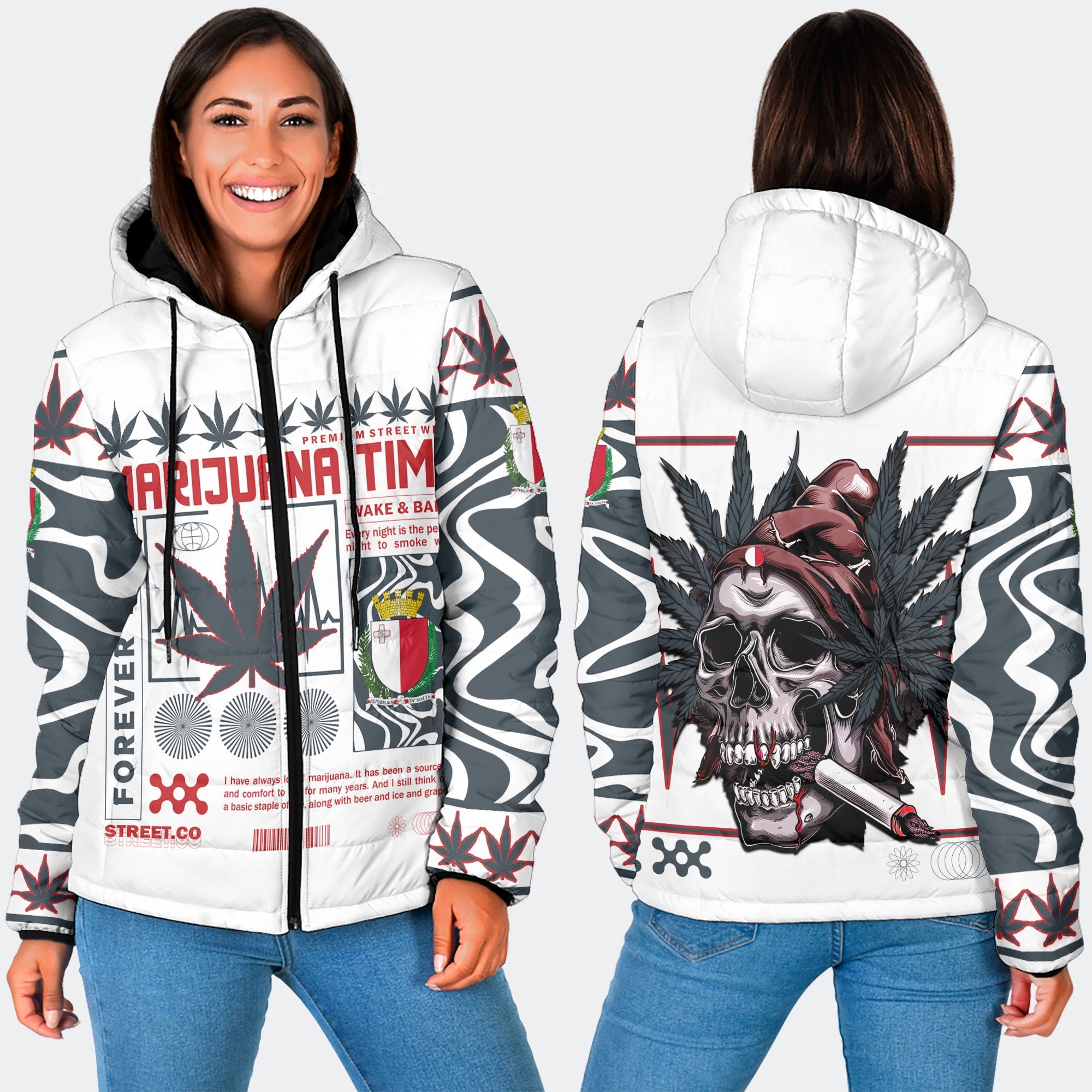 Malta Women Hooded Padded Jacket Flag & Coat Of Arms Marijuanas Style