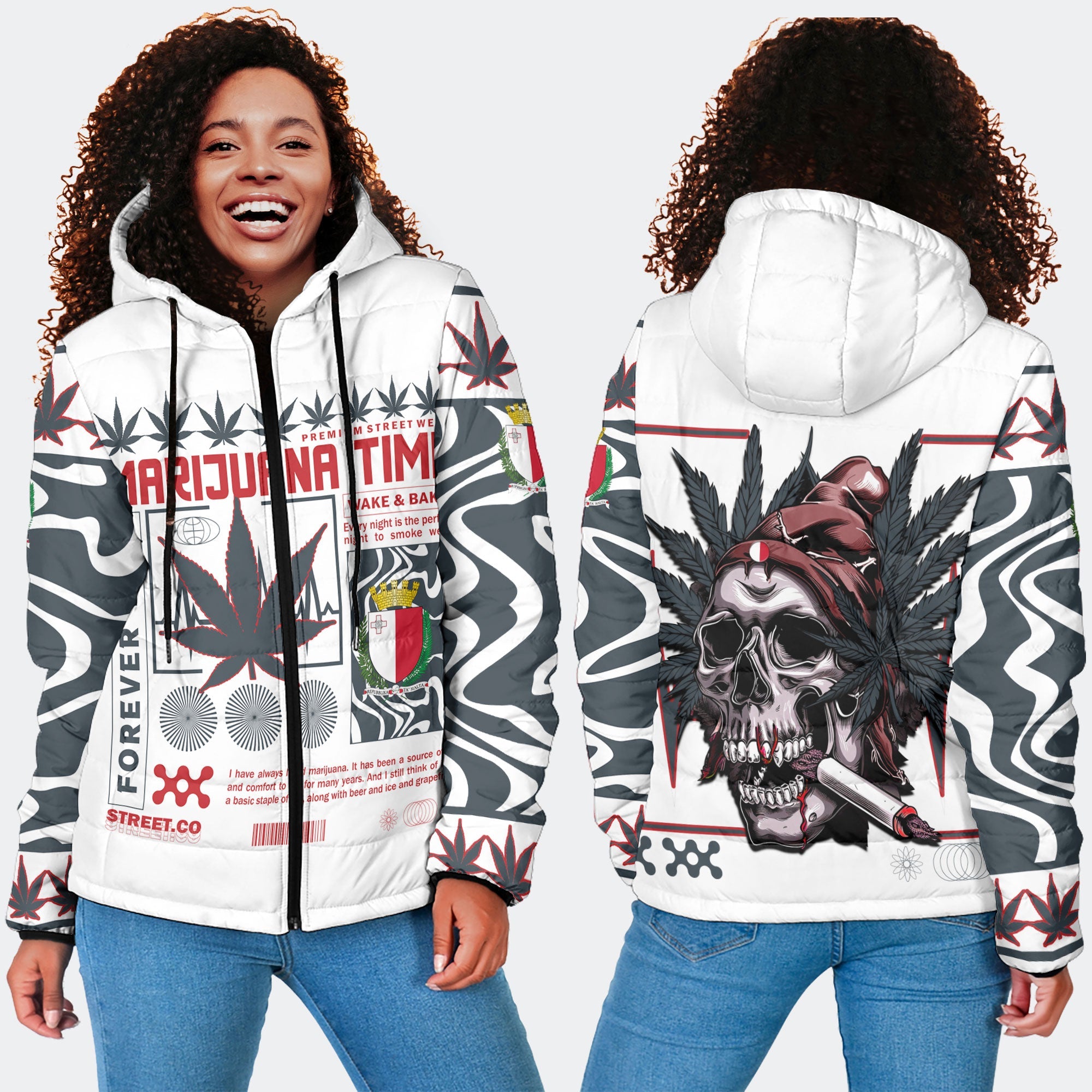 Malta Women Hooded Padded Jacket Flag & Coat Of Arms Marijuanas Style