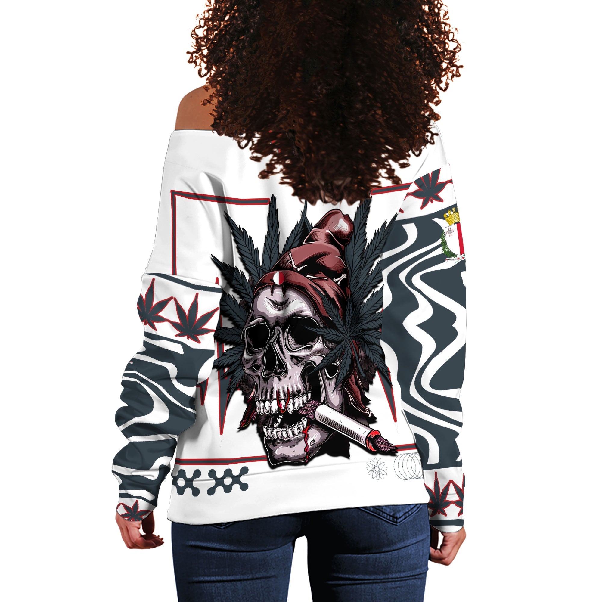 Malta Women Off Shoulder Sweatshirt Flag & Coat Of Arms Marijuanas Style