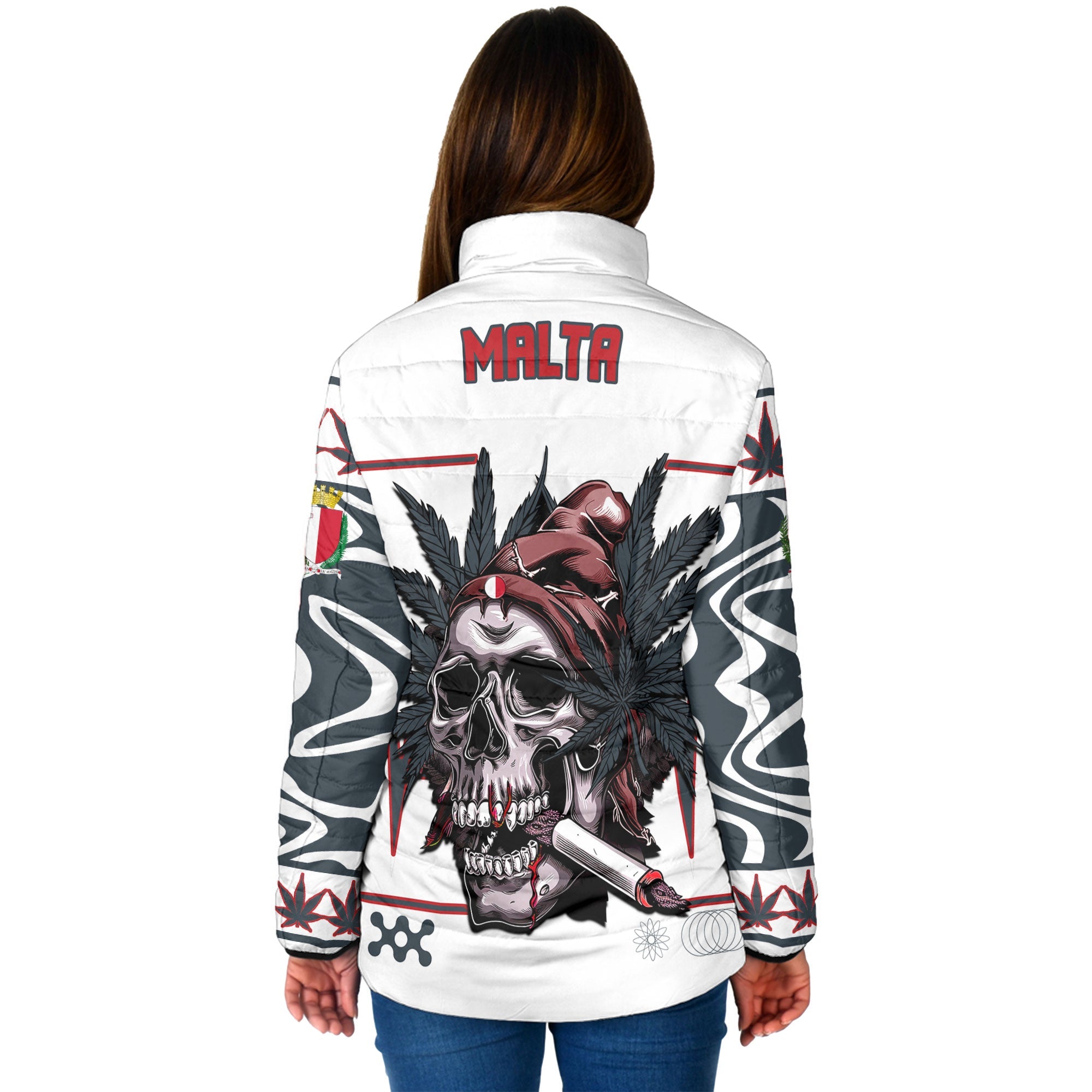 Malta Women Padded Jacket Flag & Coat Of Arms Marijuanas Style