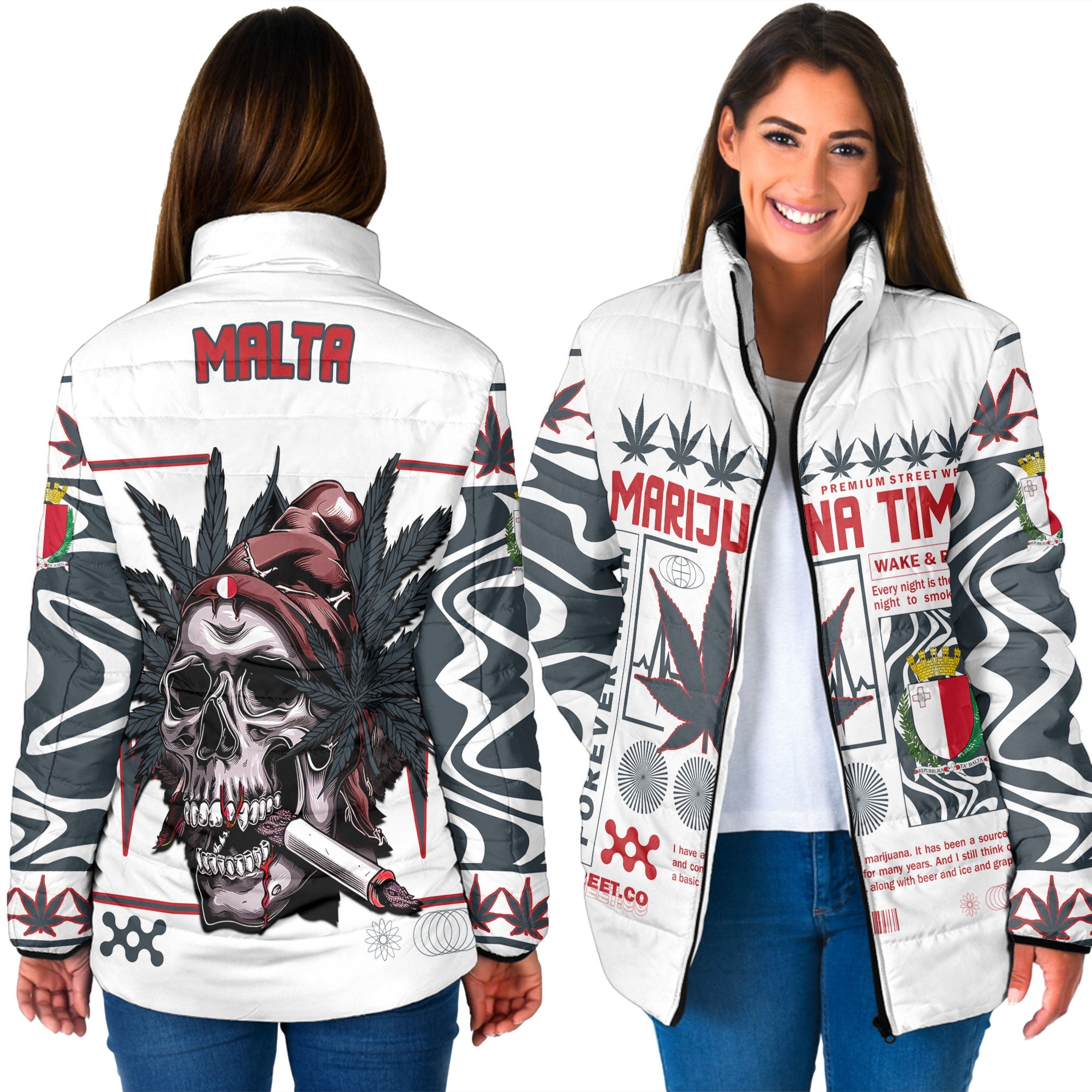 Malta Women Padded Jacket Flag & Coat Of Arms Marijuanas Style