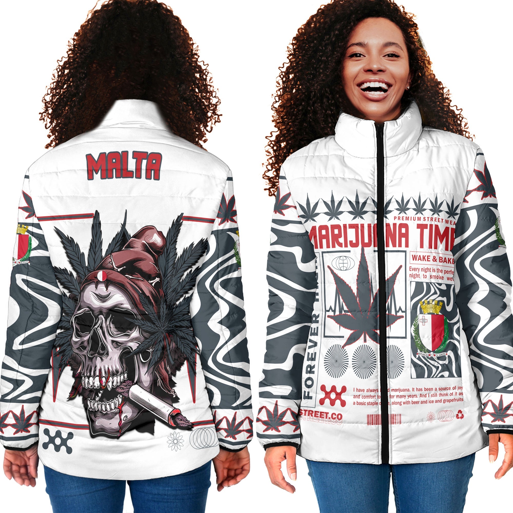 Malta Women Padded Jacket Flag & Coat Of Arms Marijuanas Style