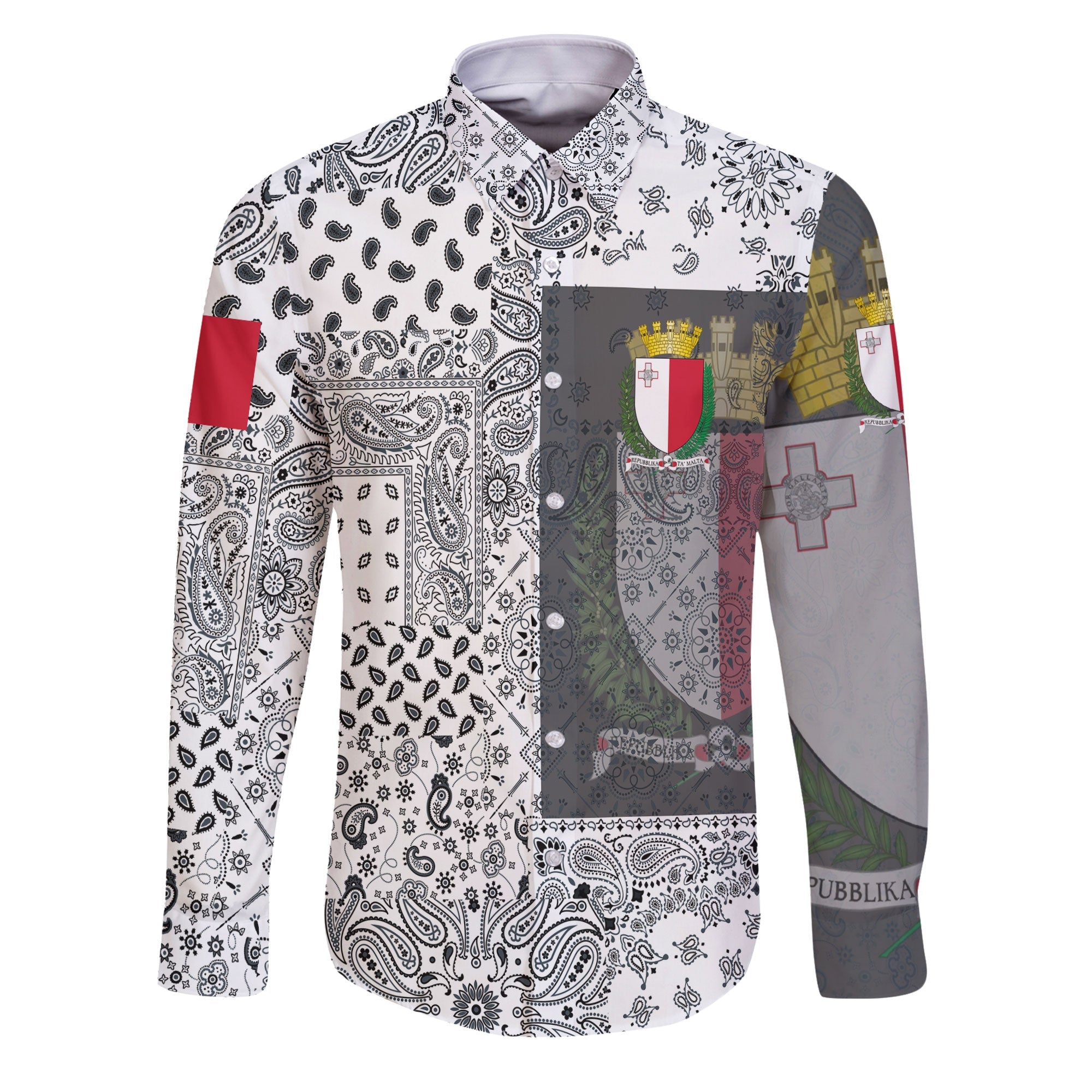 Malta Long Sleeve Button Shirt Paisley Flag And Skull Style 1