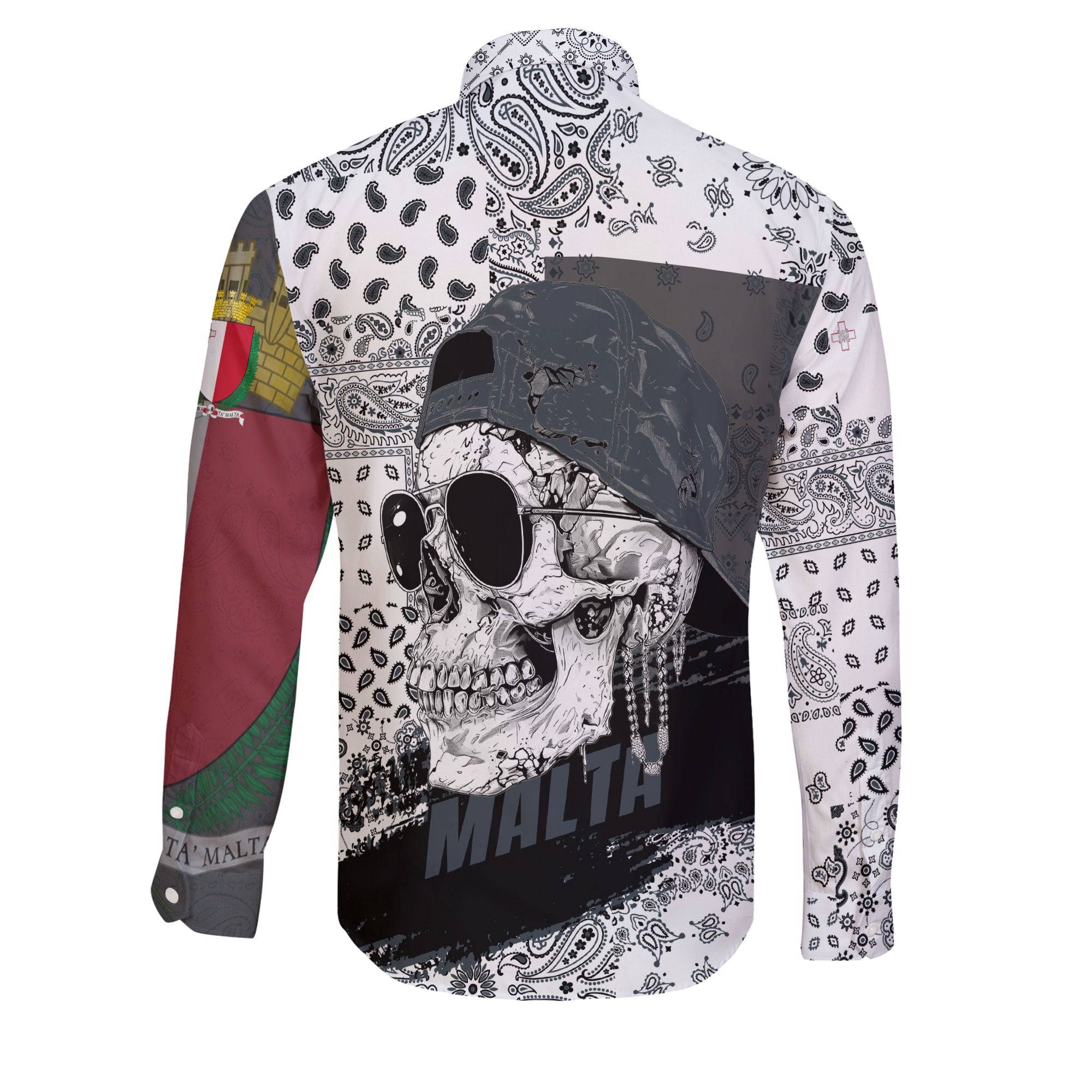 Malta Long Sleeve Button Shirt Paisley Flag And Skull Style 2