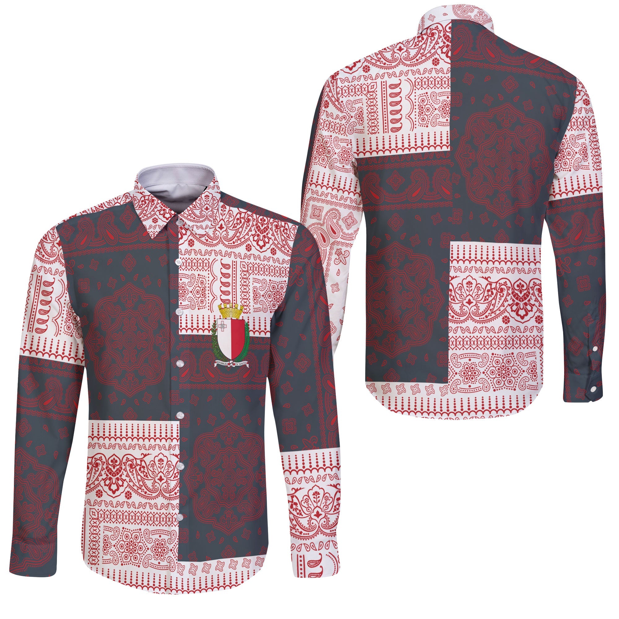 Malta Long Sleeve Button Shirt Flag And Paisley Basic Style 3