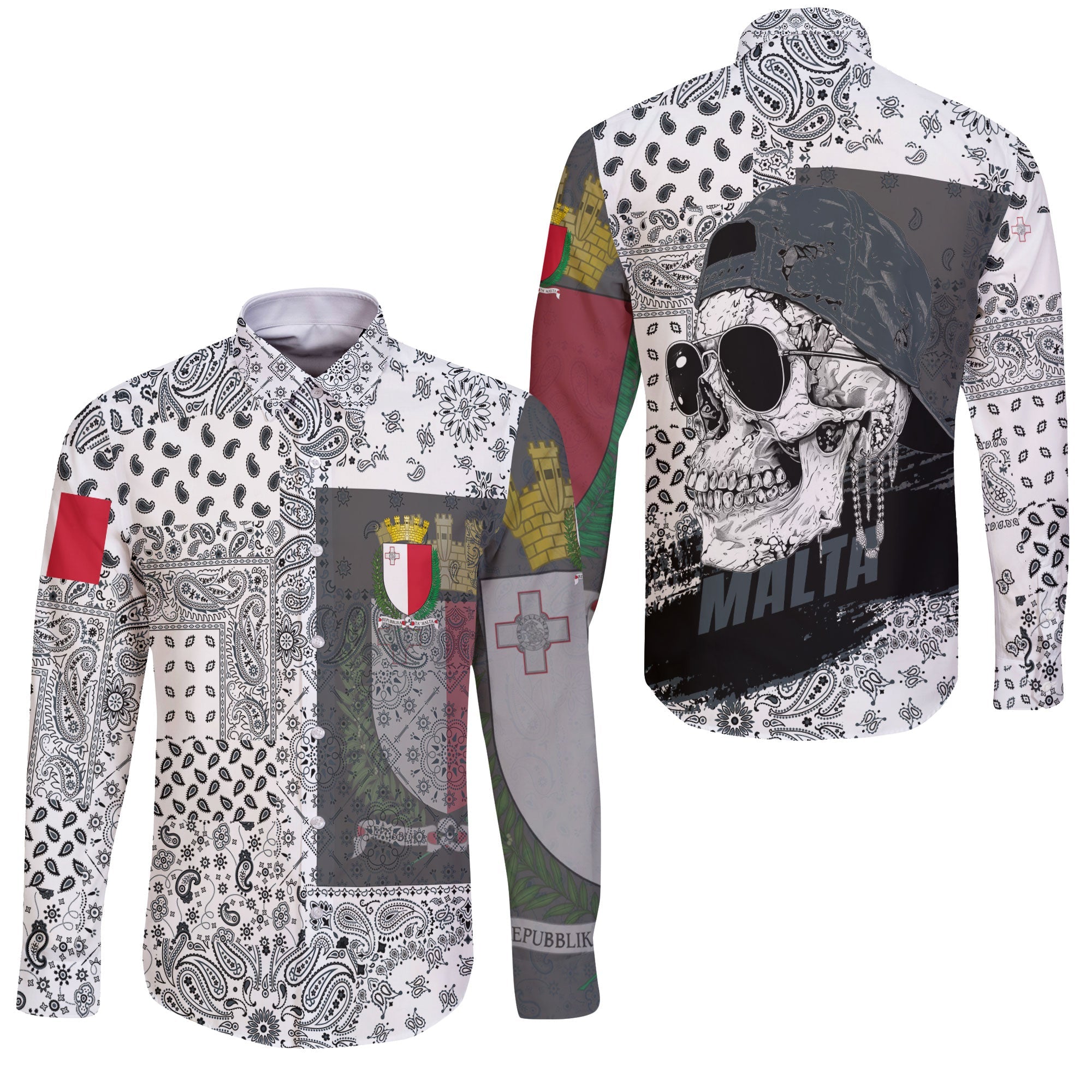 Malta Long Sleeve Button Shirt Paisley Flag And Skull Style 3