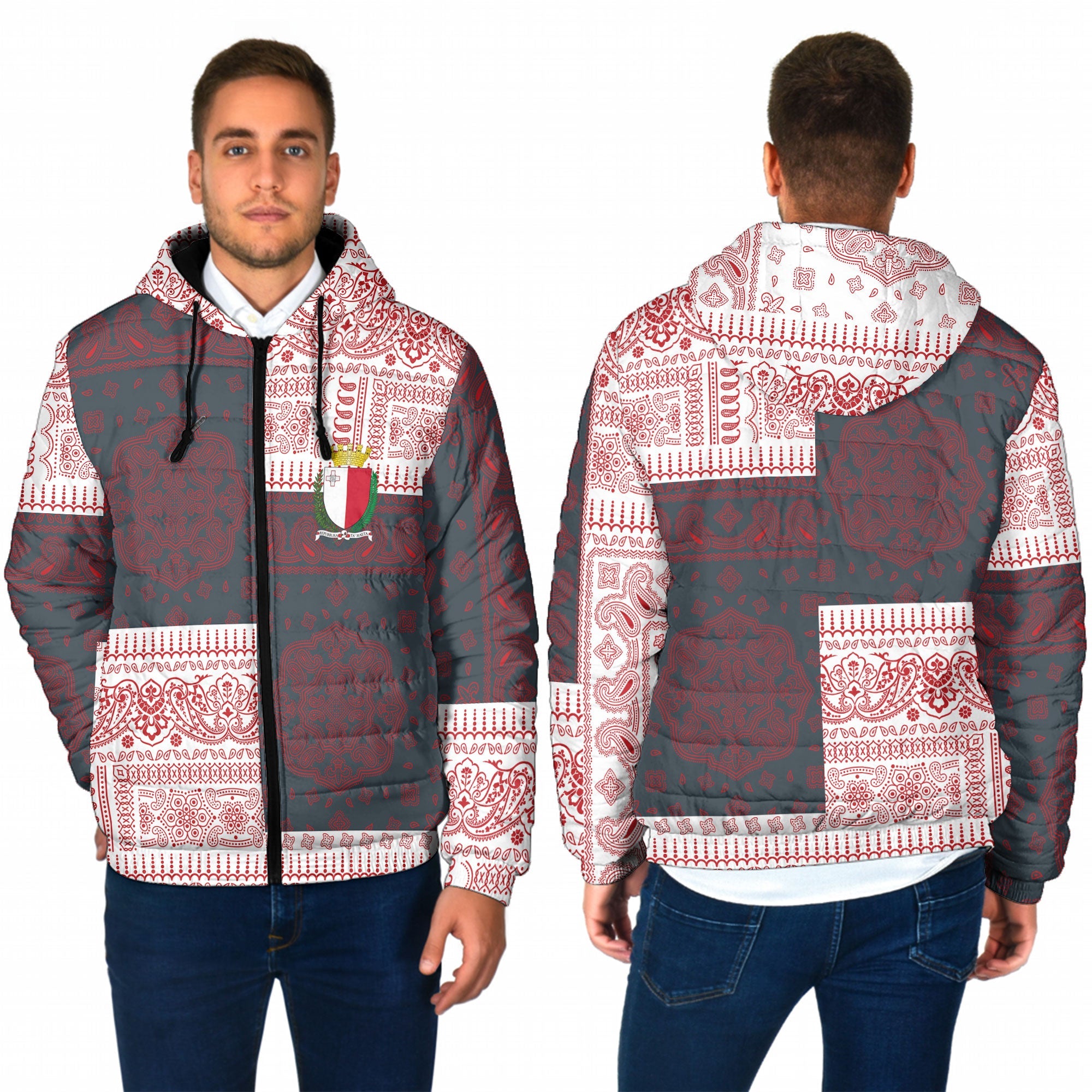 Malta Men Hooded Padded Jacket Flag And Paisley Basic Style 1