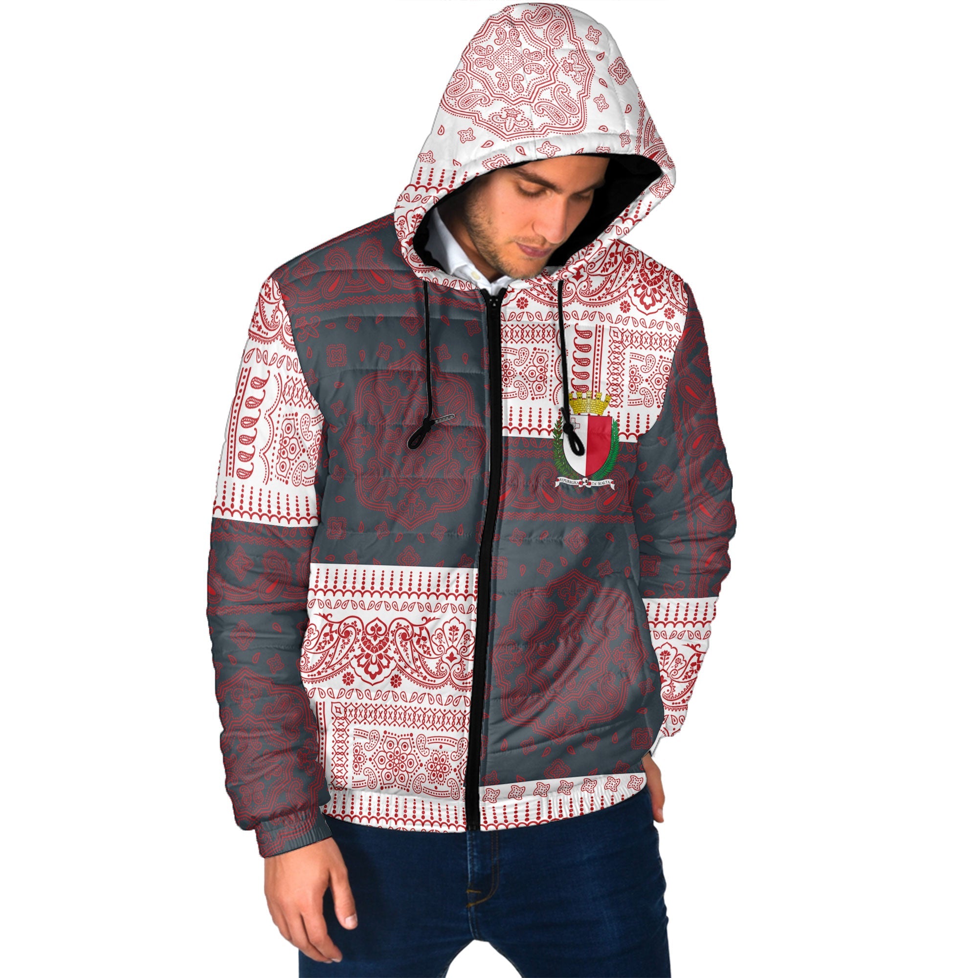 Malta Men Hooded Padded Jacket Flag And Paisley Basic Style 2