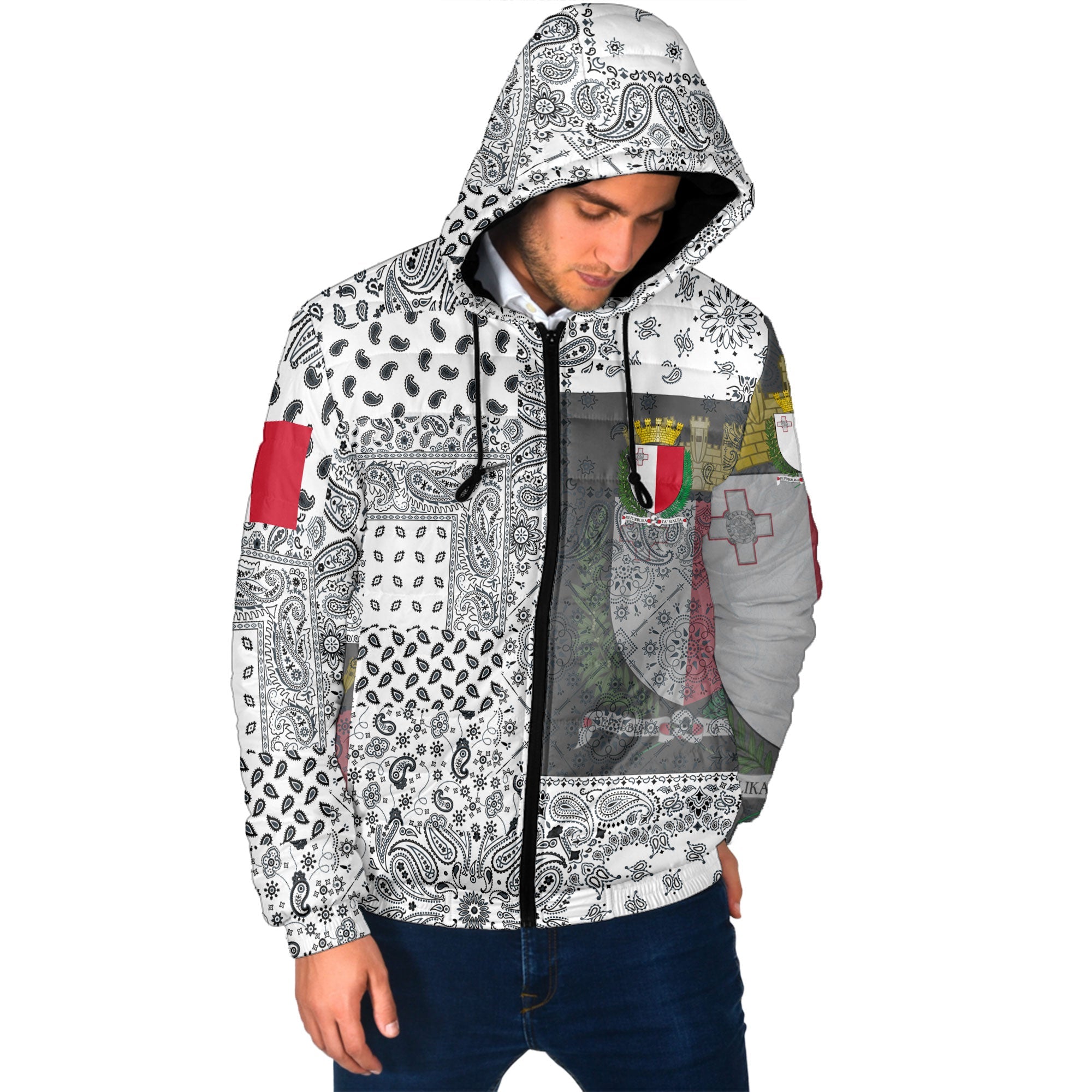 Malta Men Hooded Padded Jacket Paisley Flag And Skull Style 2