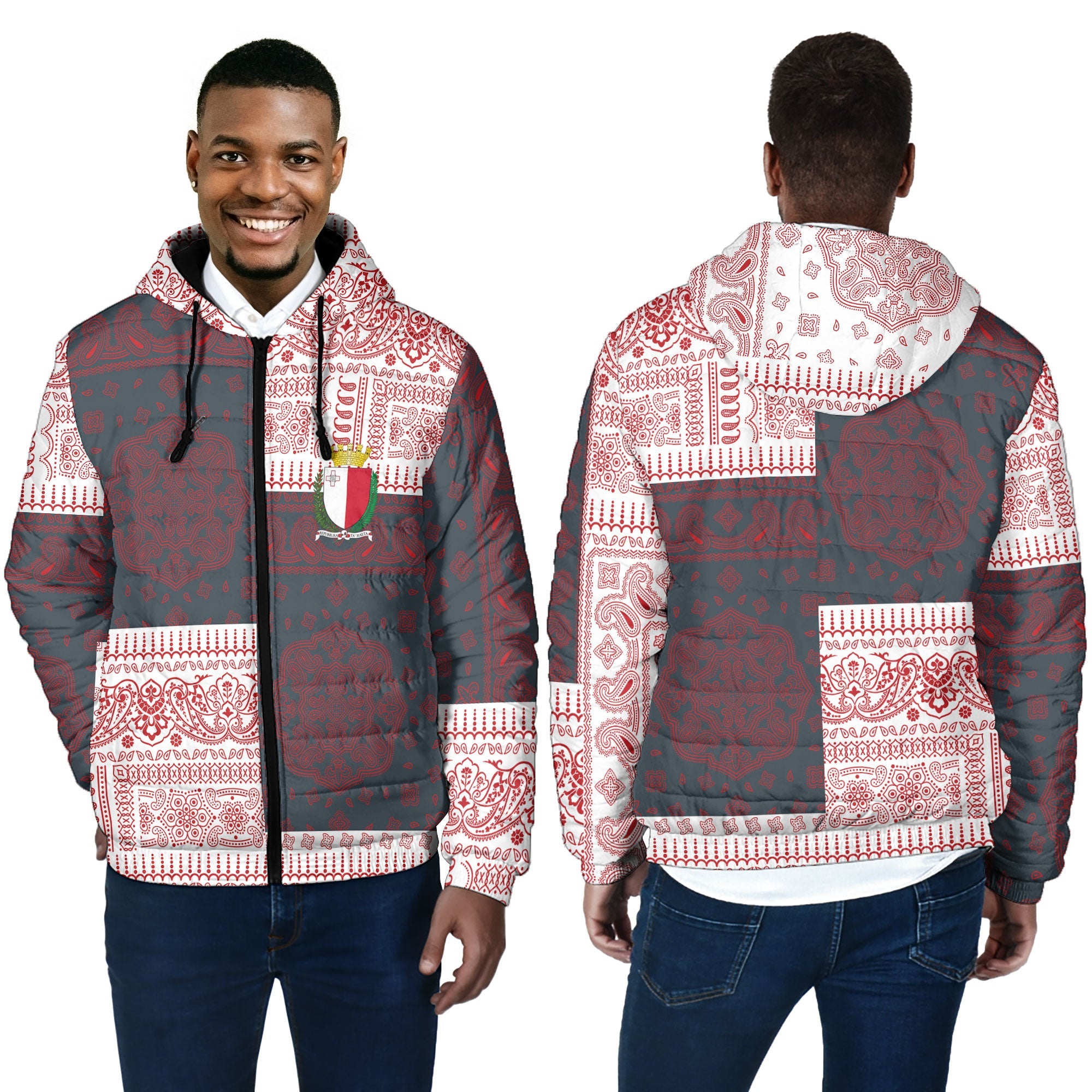 Malta Men Hooded Padded Jacket Flag And Paisley Basic Style 4