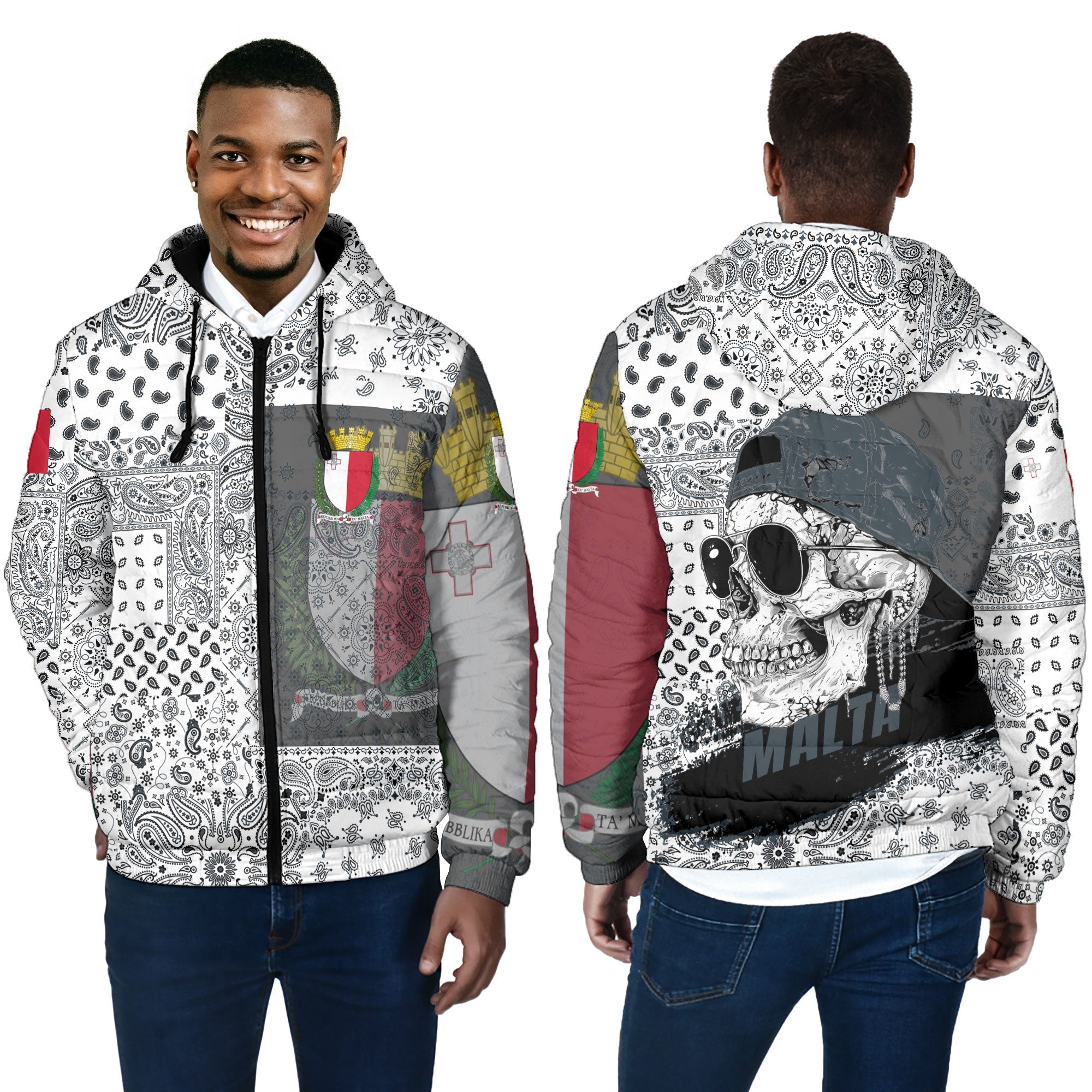 Malta Men Hooded Padded Jacket Paisley Flag And Skull Style 4