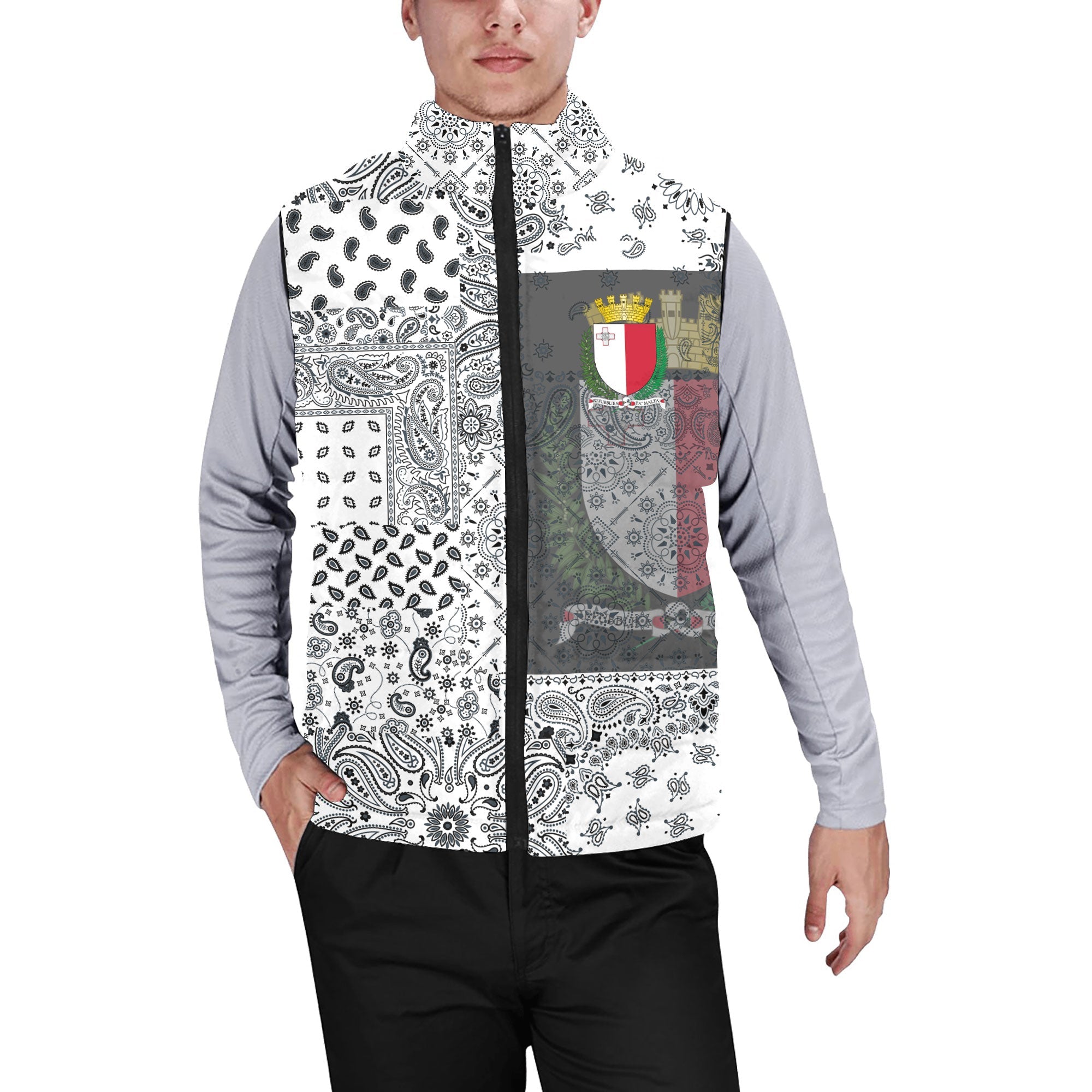 Malta Men Padded Jacket Vest Paisley Flag And Skull Style 1