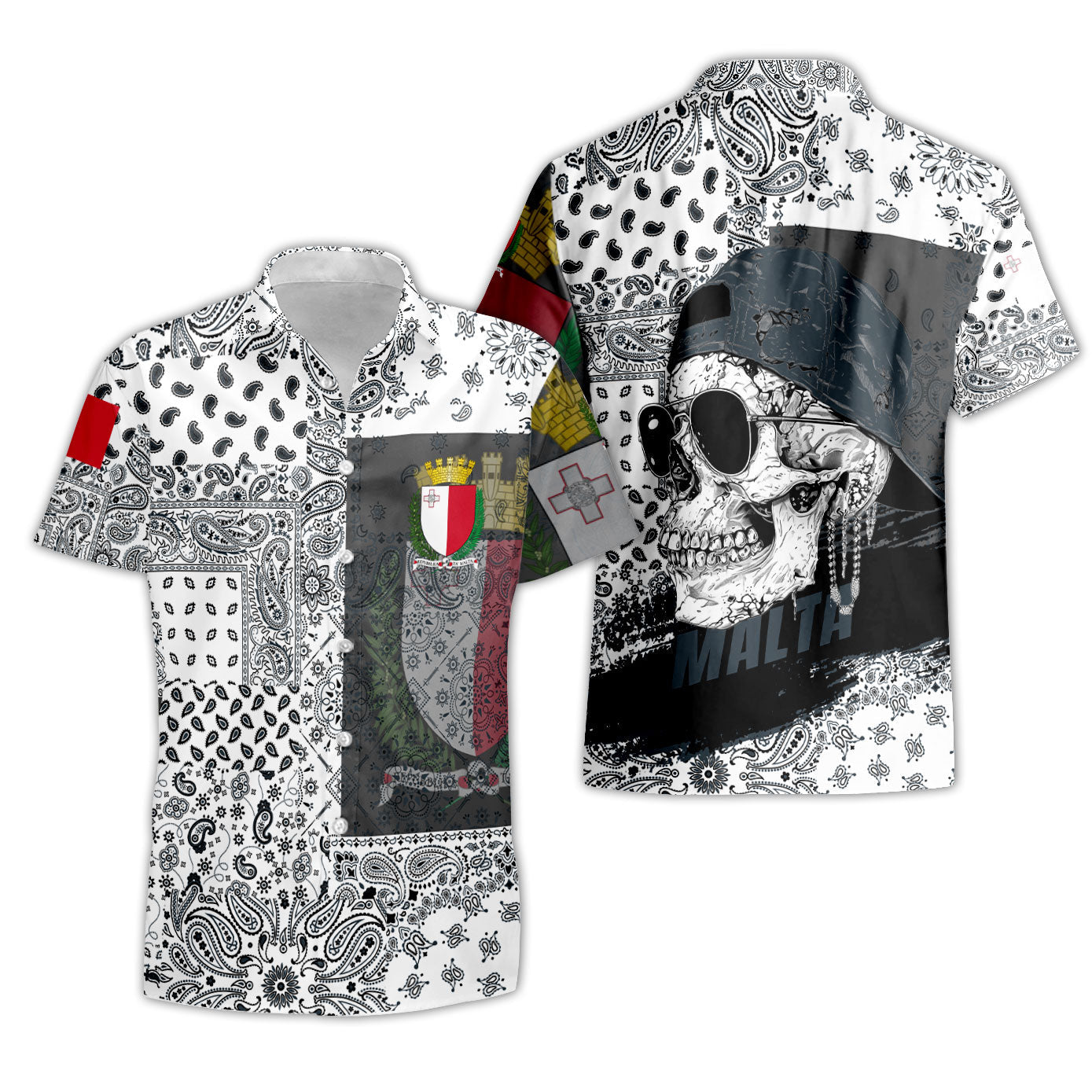 Malta Short Sleeve Shirt Paisley Flag And Skull Style 3