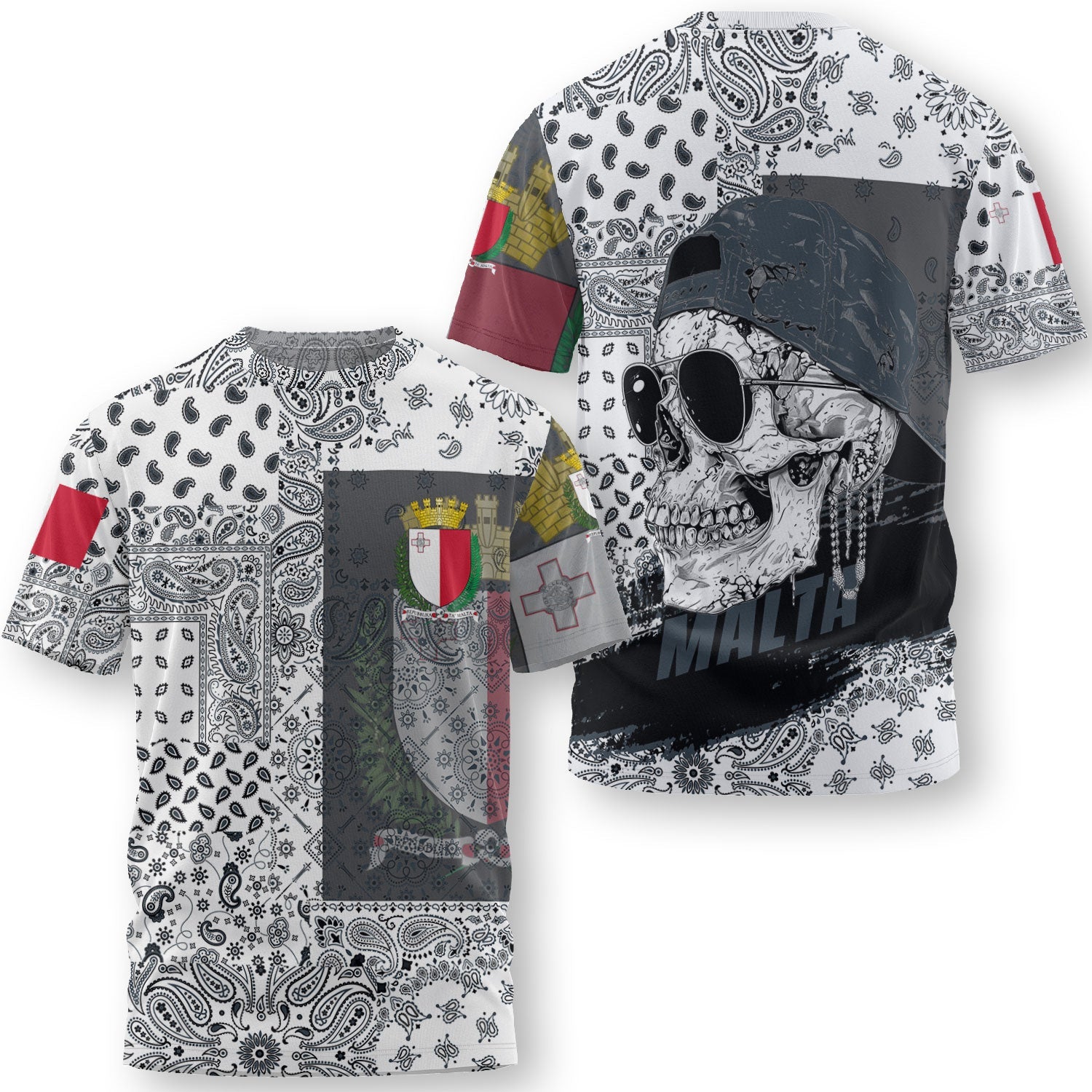 Malta T Shirt Paisley Flag And Skull Style 3