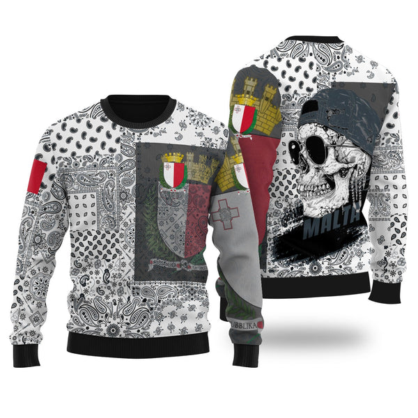 Malta Ugly Sweater Paisley Flag And Skull Style 1