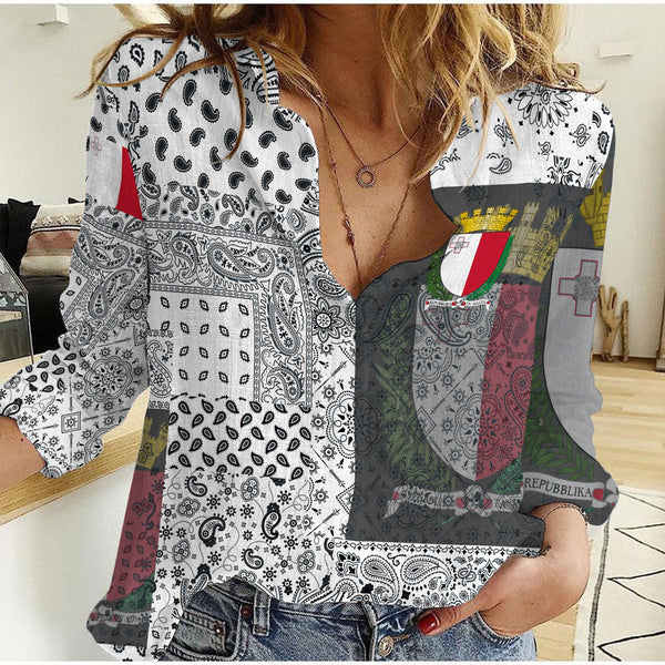 Malta Women Casual Shirt Paisley Flag And Skull Style 1