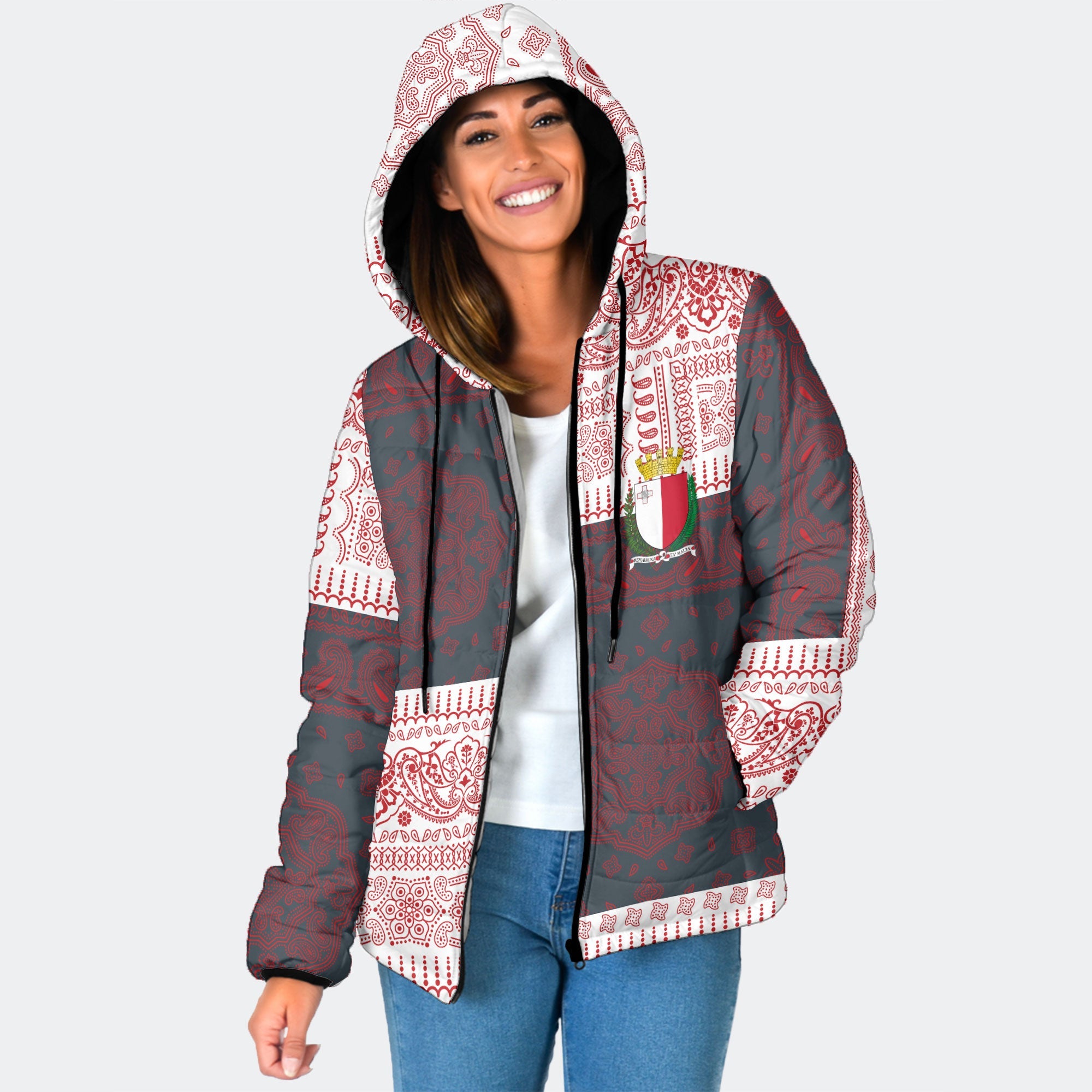 Malta Women Hooded Padded Jacket Flag And Paisley Basic Style 1