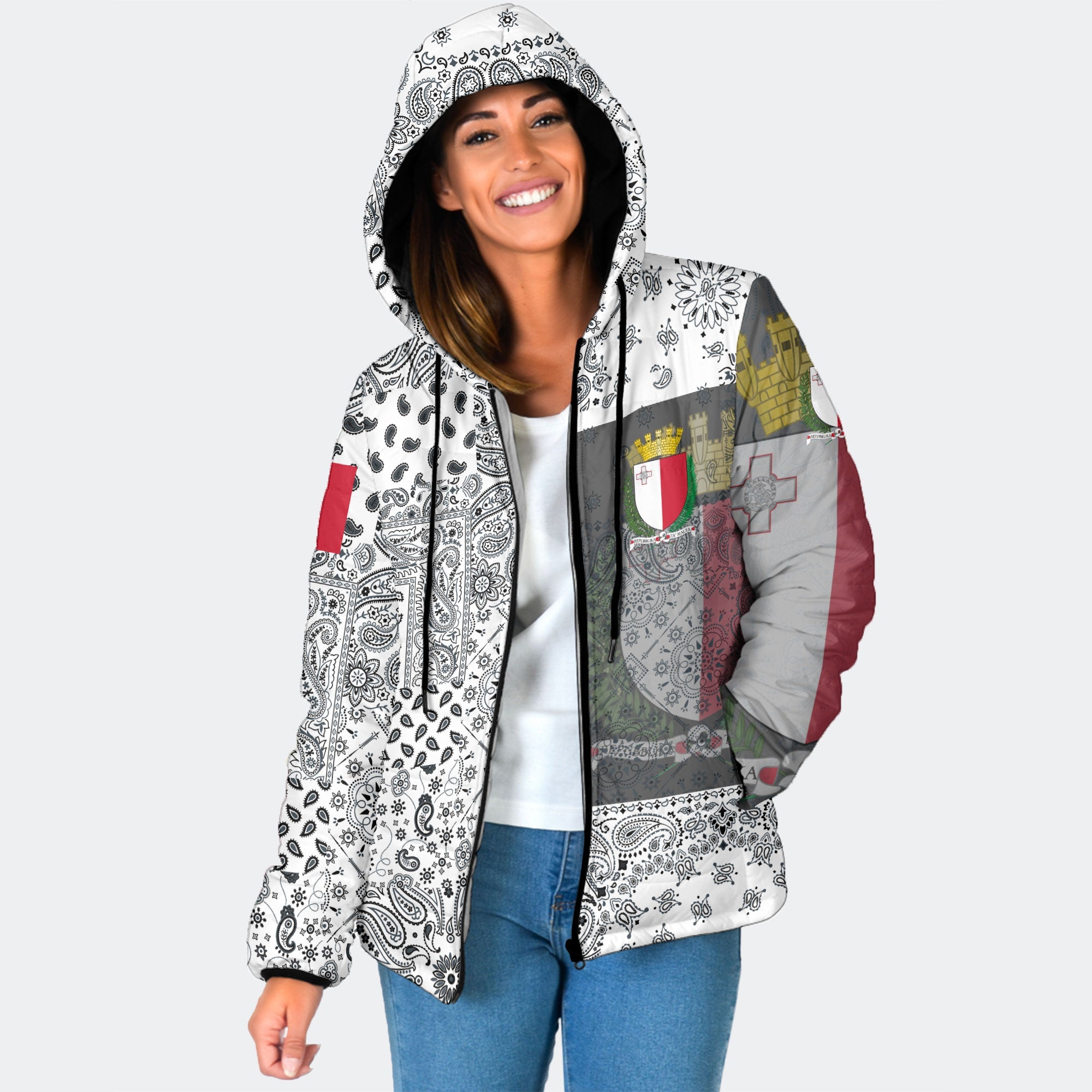 Malta Women Hooded Padded Jacket Paisley Flag And Skull Style 1