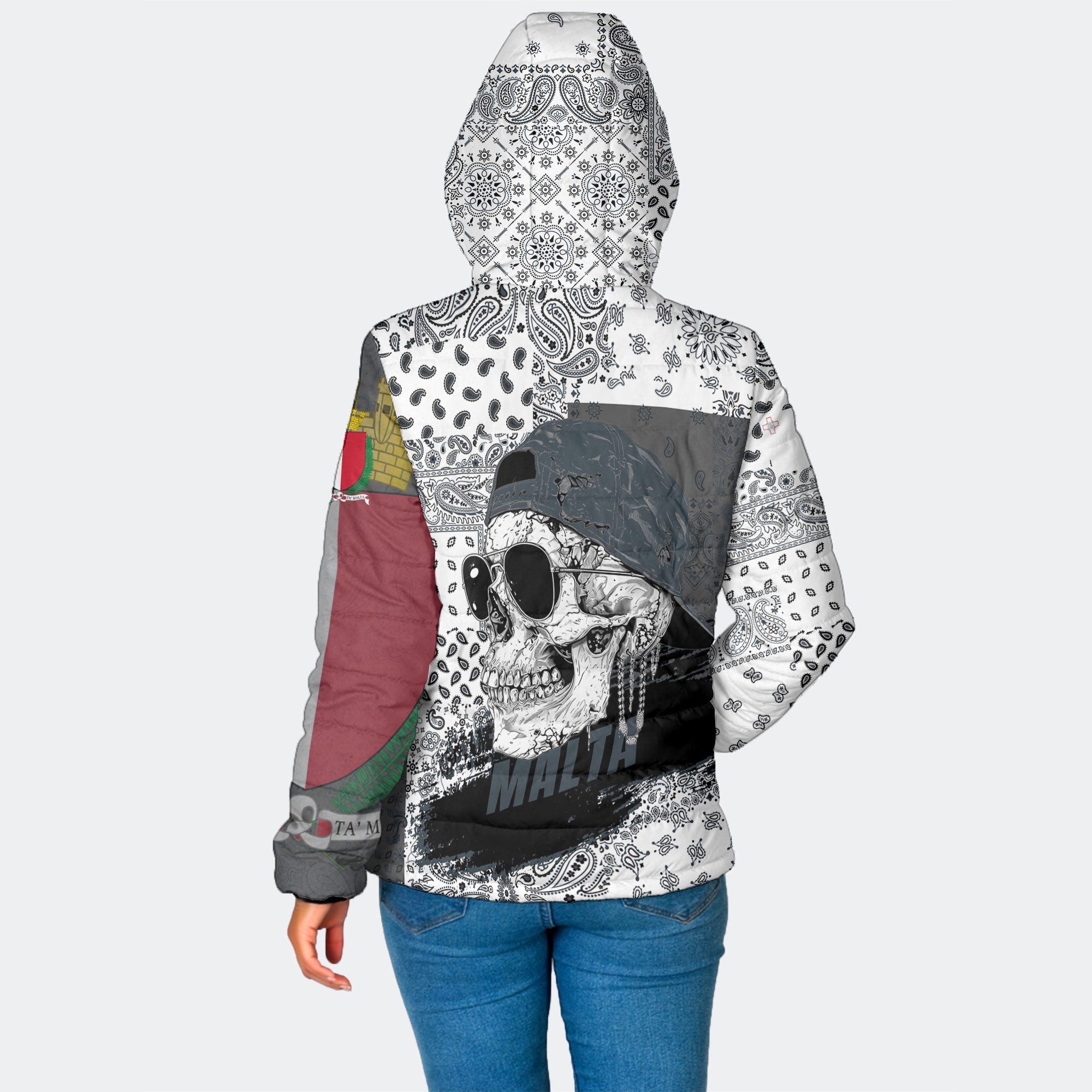 Malta Women Hooded Padded Jacket Paisley Flag And Skull Style 2