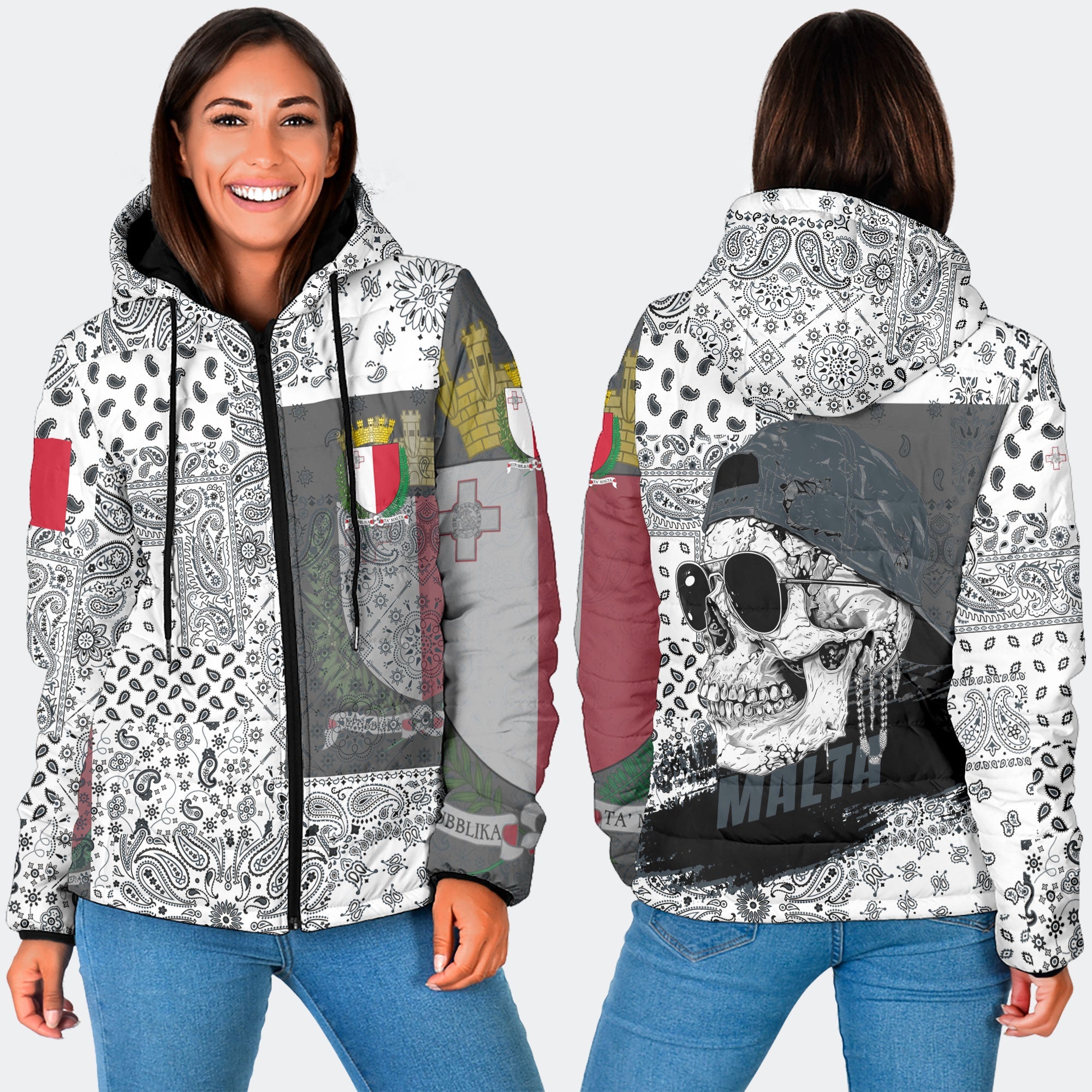 Malta Women Hooded Padded Jacket Paisley Flag And Skull Style 3