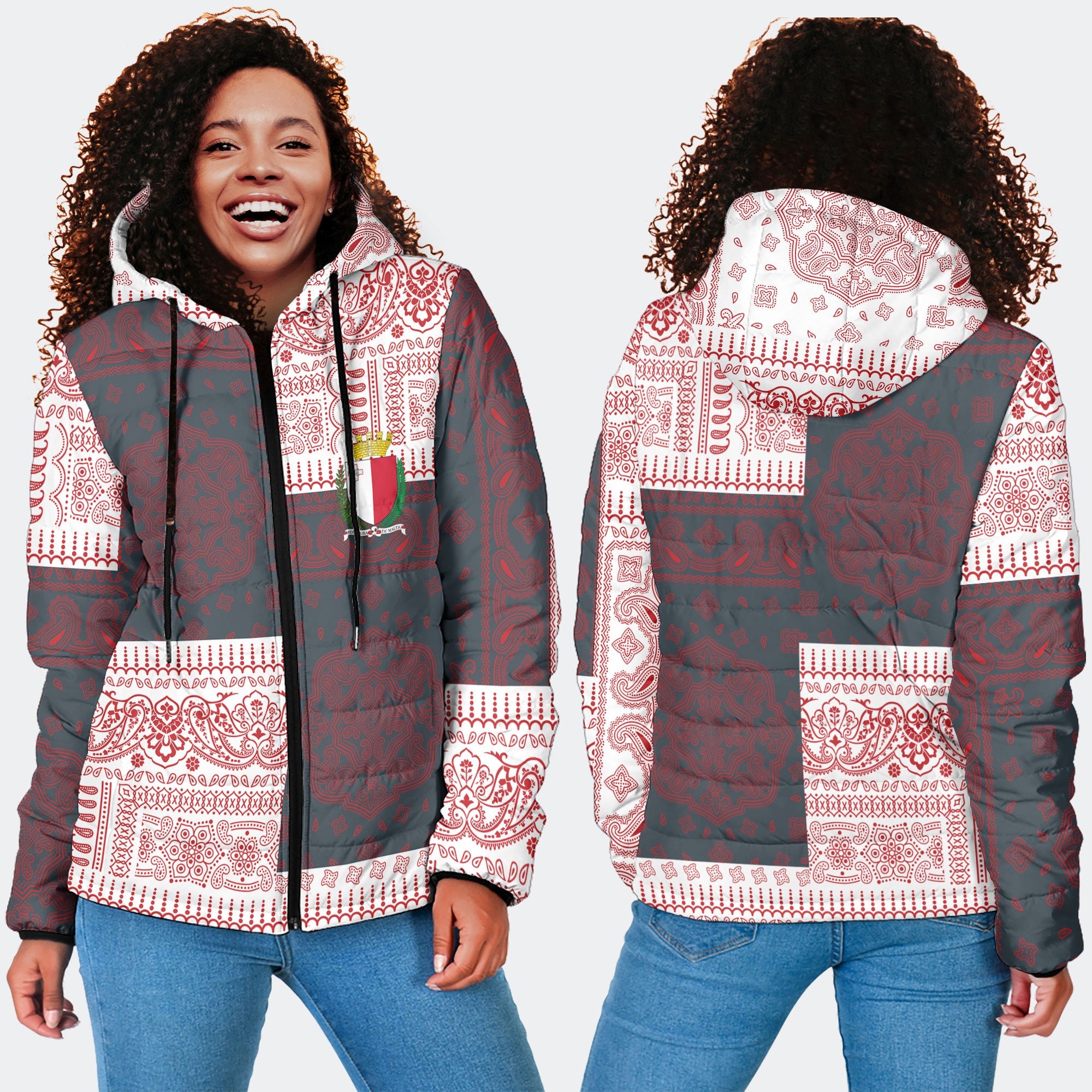 Malta Women Hooded Padded Jacket Flag And Paisley Basic Style 4