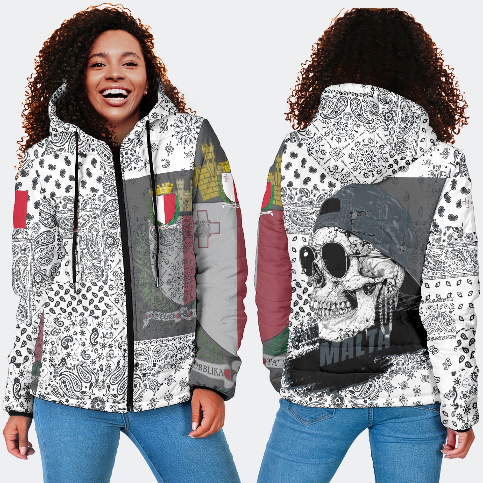 Malta Women Hooded Padded Jacket Paisley Flag And Skull Style 4