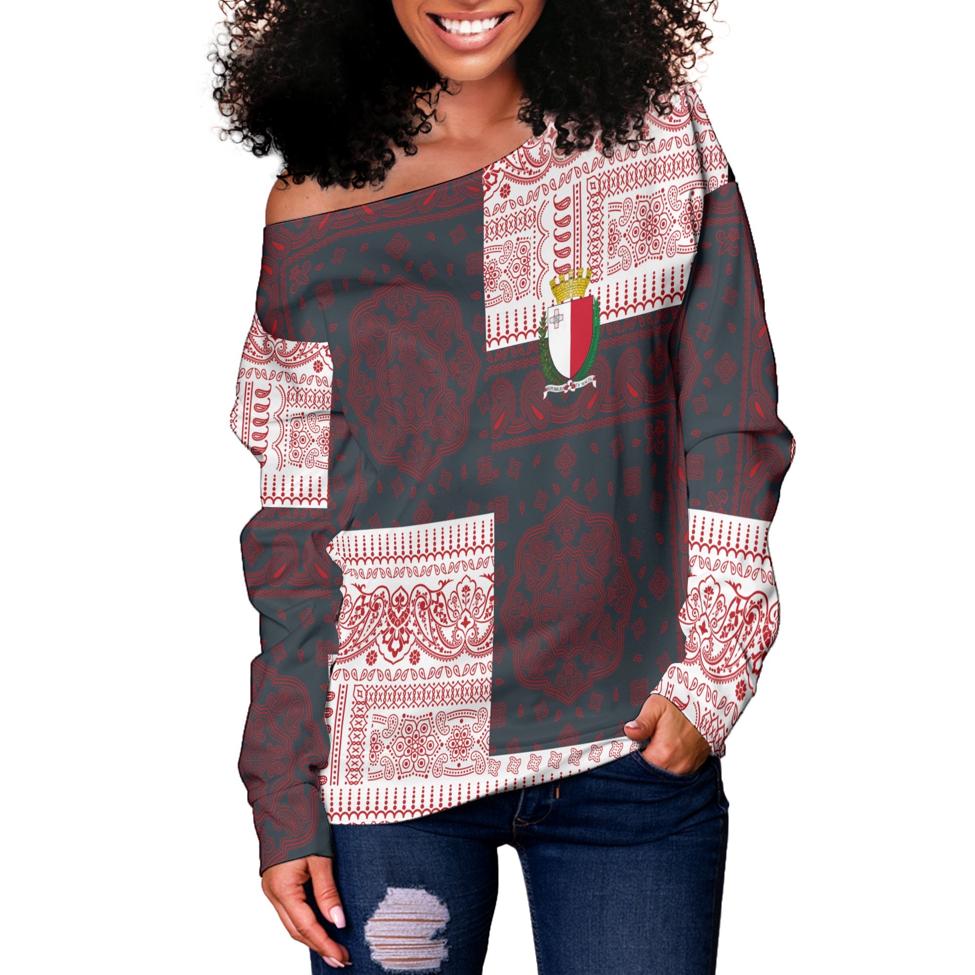 Malta Women Off Shoulder Sweatshirt Flag And Paisley Basic Style 2