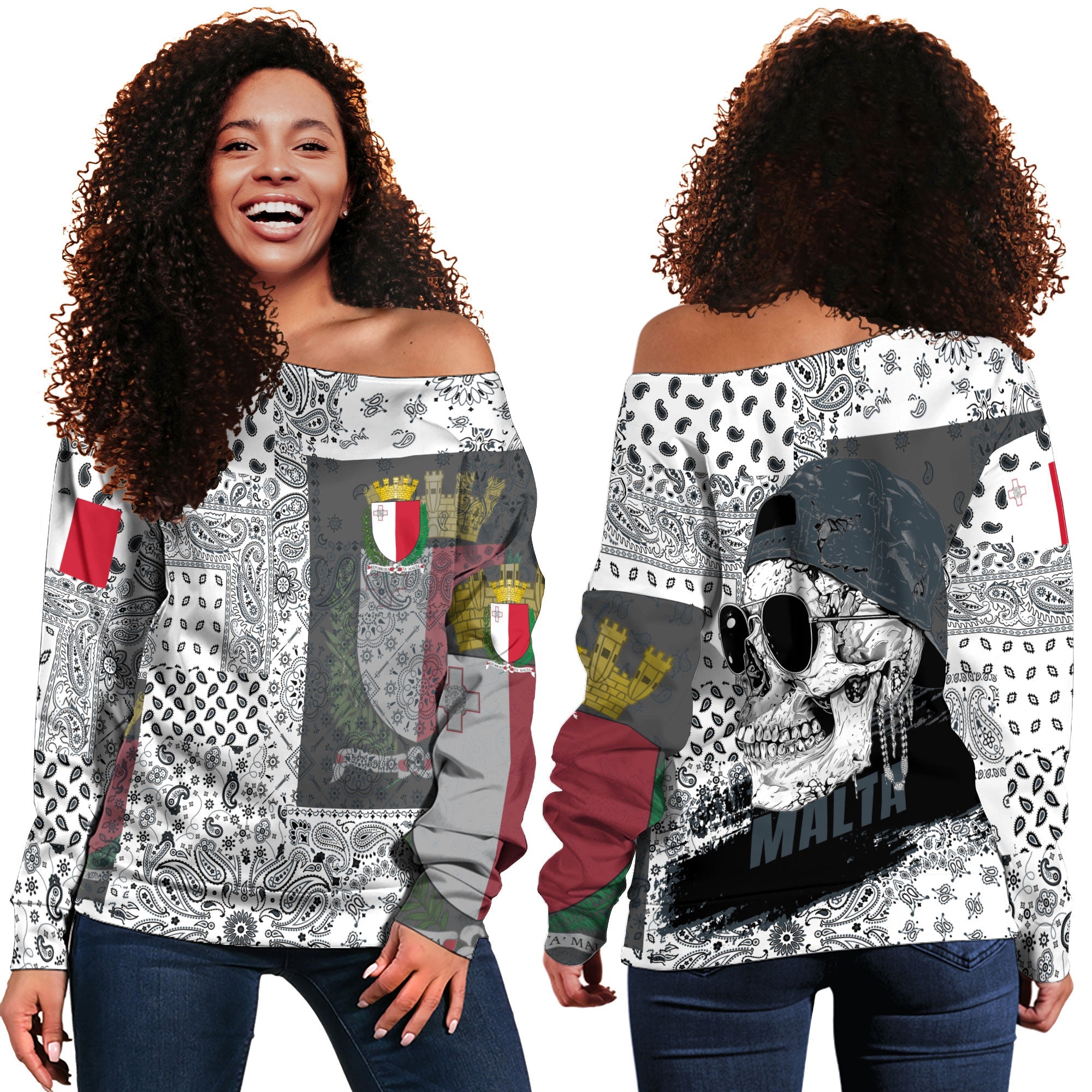 Malta Women Off Shoulder Sweatshirt Paisley Flag And Skull Style 1