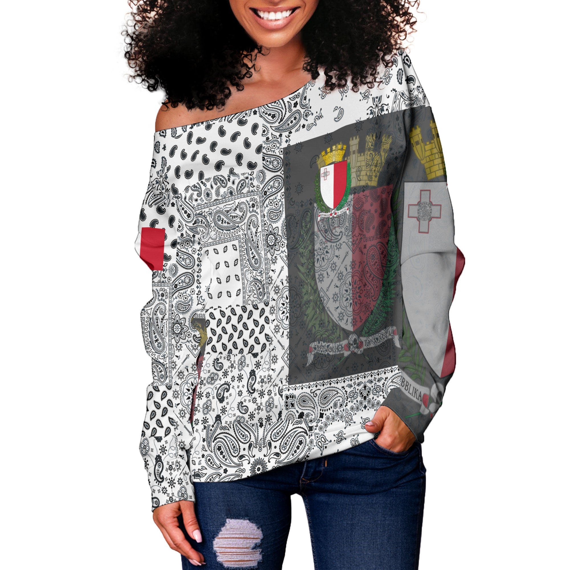 Malta Women Off Shoulder Sweatshirt Paisley Flag And Skull Style 2