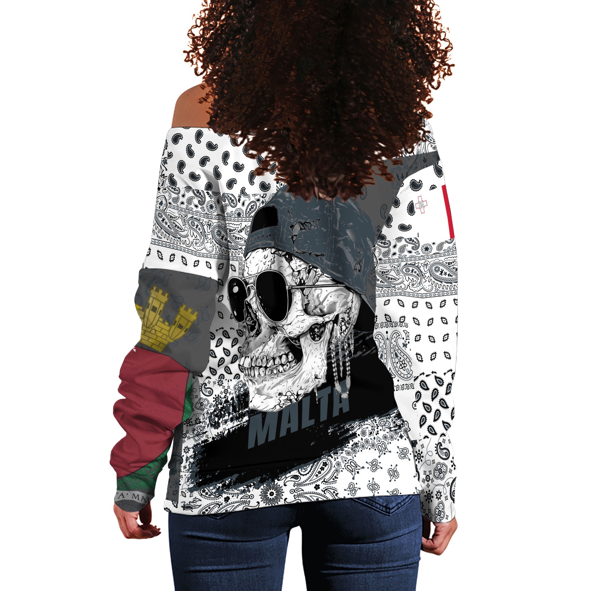 Malta Women Off Shoulder Sweatshirt Paisley Flag And Skull Style 3