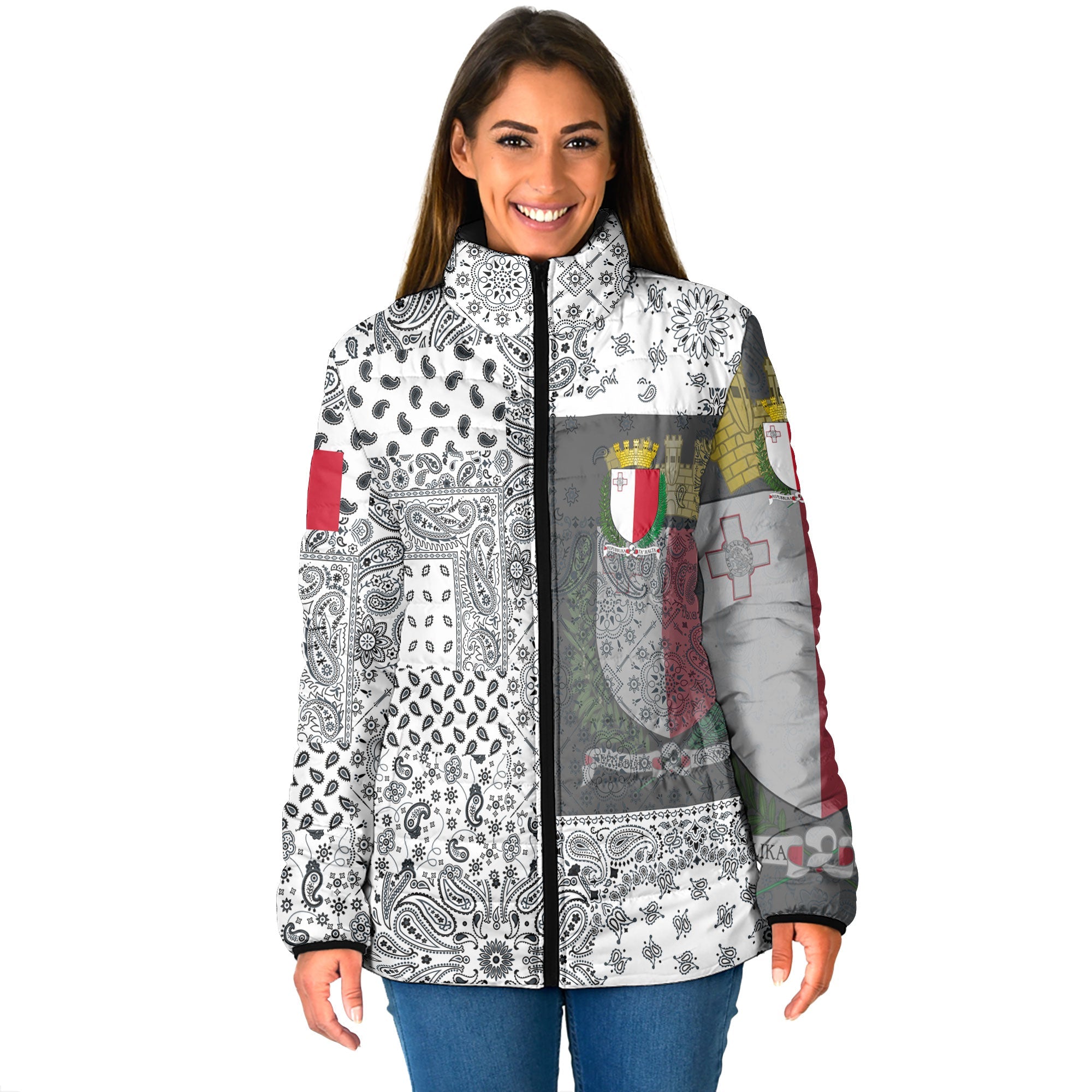 Malta Women Padded Jacket Paisley Flag And Skull Style 1